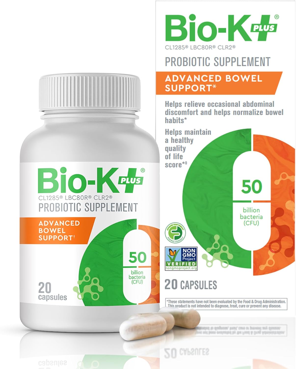 Bio K+ Advanced Bowel Support – Vegan Probiotics for Digestive Health, for Women & Men, Helps Normalize Bowel Habits & Occasional Discomfort, Gluten Free, Non GMO, 50 Billion CFU – 20 Capsules