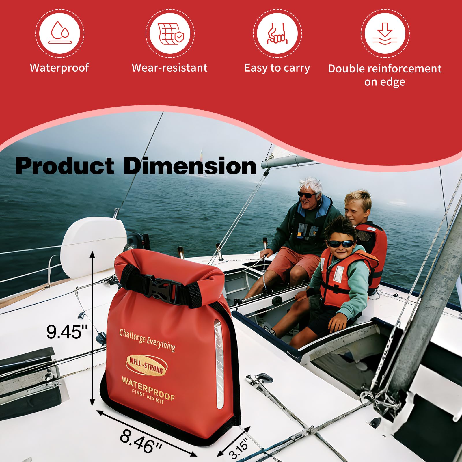 226pcs Waterproof First Aid Kit for Boat with Roll Top Design Compact Red — Amazon image 3