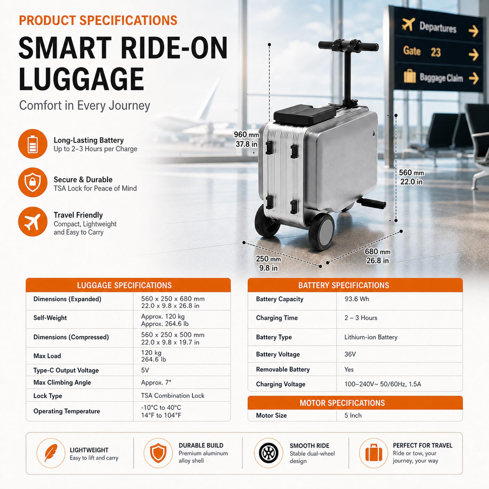 Valise Intelligente Électrique, Bagage-Trottinette électrique pour Adultes, Roues silencieuses avec amortisseurs, Bagage-Trottinette électrique pour déplacements en aéroport Silver