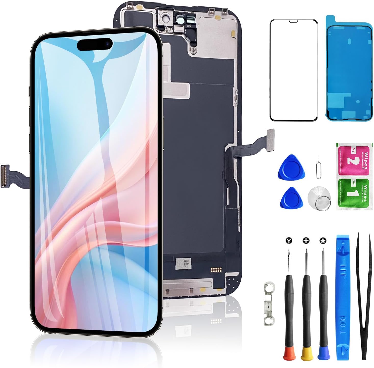 for iPhone 14 Pro Screen Replacement 6.1 Inch, Diykitpl 3D Touch LCD Display for A2650, A2889, A2892, A2891, A2890, with Repair Tools Kit+Waterproof Frame Sticker+Tempered Glass