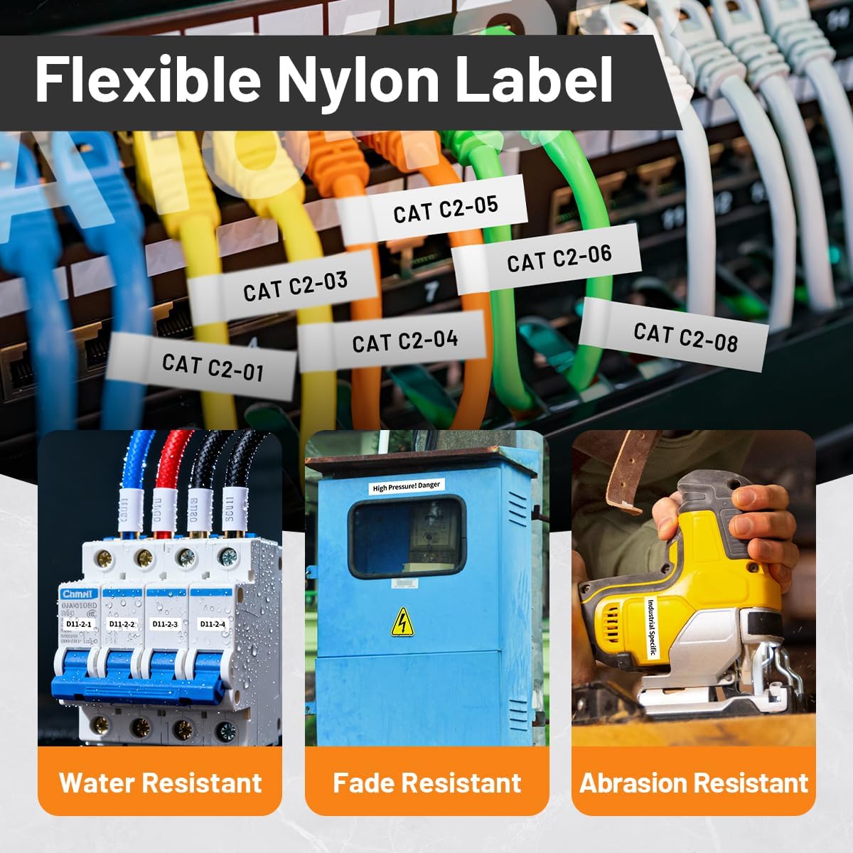 Rhino 4200 Label Tape 1/2 Compatible with Dymo 18488 Rhino Flexible Nylon A18488 for Rhinopro 5200 4200 5000 6000 Industrial Label Maker Refills, 4 Pack, 1/2'' x 11.5', Black on White