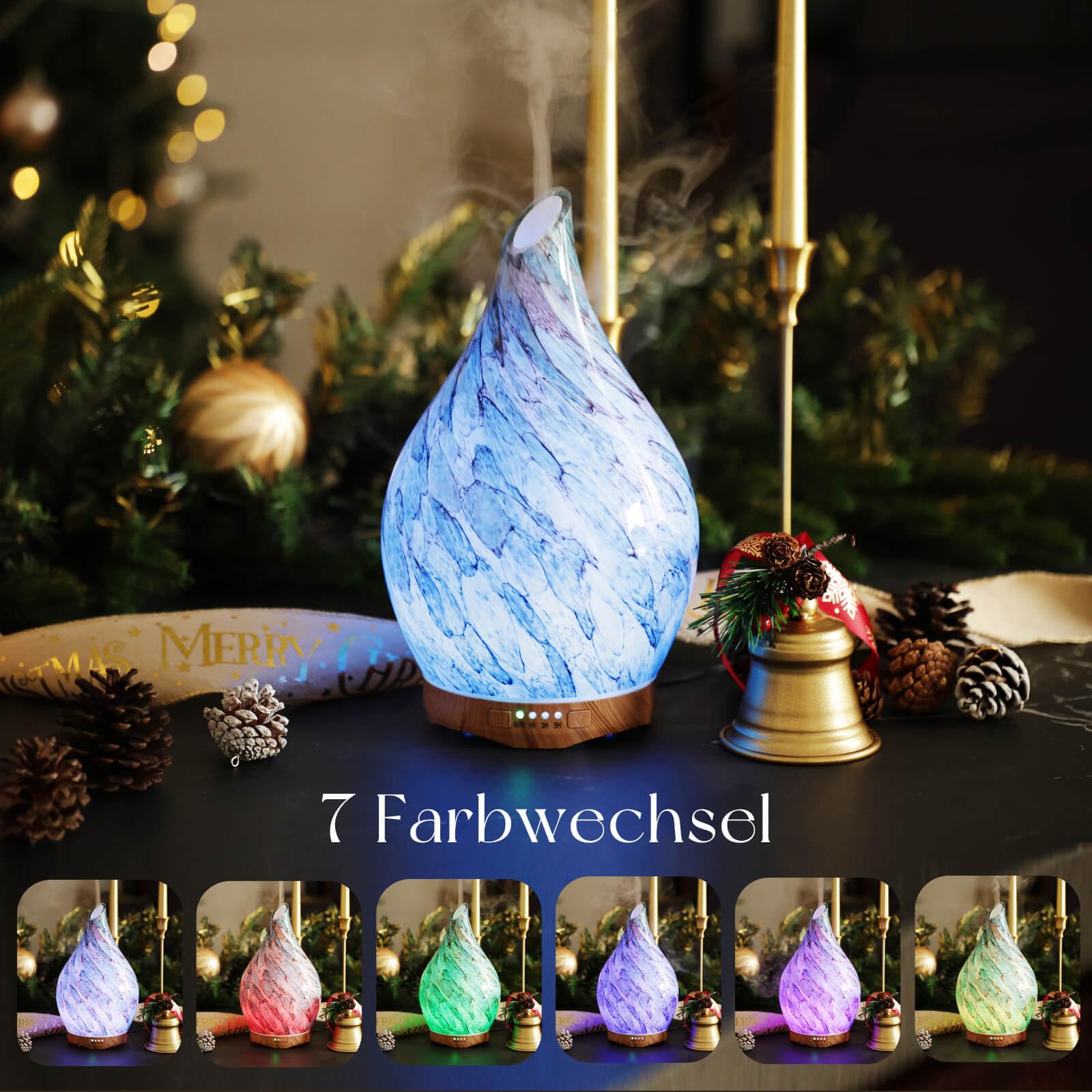 Porseme Aroma Diffuser 280ml, Handgeblasen Glas Luftbefeuchter, Ultraschall Aromatherapie Öle Diffusor mit 7 farbigem LED Licht, Diffusor für Ätherische Öle mit Fernbedienung für Wohnung (Blue)