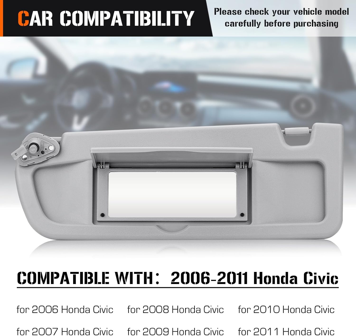 Left & Right Sun Visor for 2006-2011 Honda Civic EX LX Sedan SI Coupe, Driver & Passenger Sides Gray Sunvisor Replacement 83280-SNA-A01ZC 83230-SNA-A01ZC