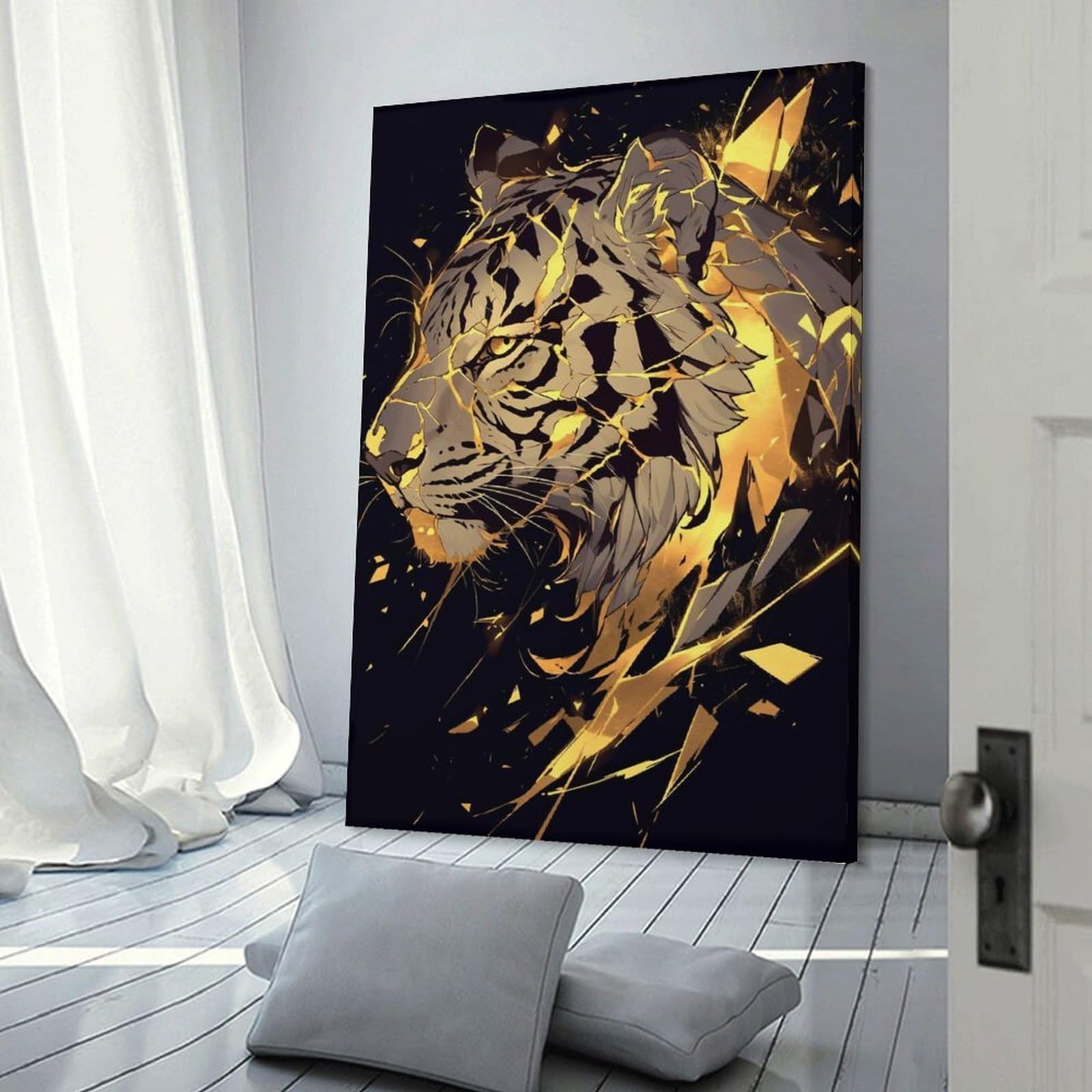 Junmoney Golden Tiger Digital Art Canvas Wall Art, 08x12inch(20x30cm), for Workspace Walls, Study Corners Or Bedrooms, An Interior Accent for Desk Areas