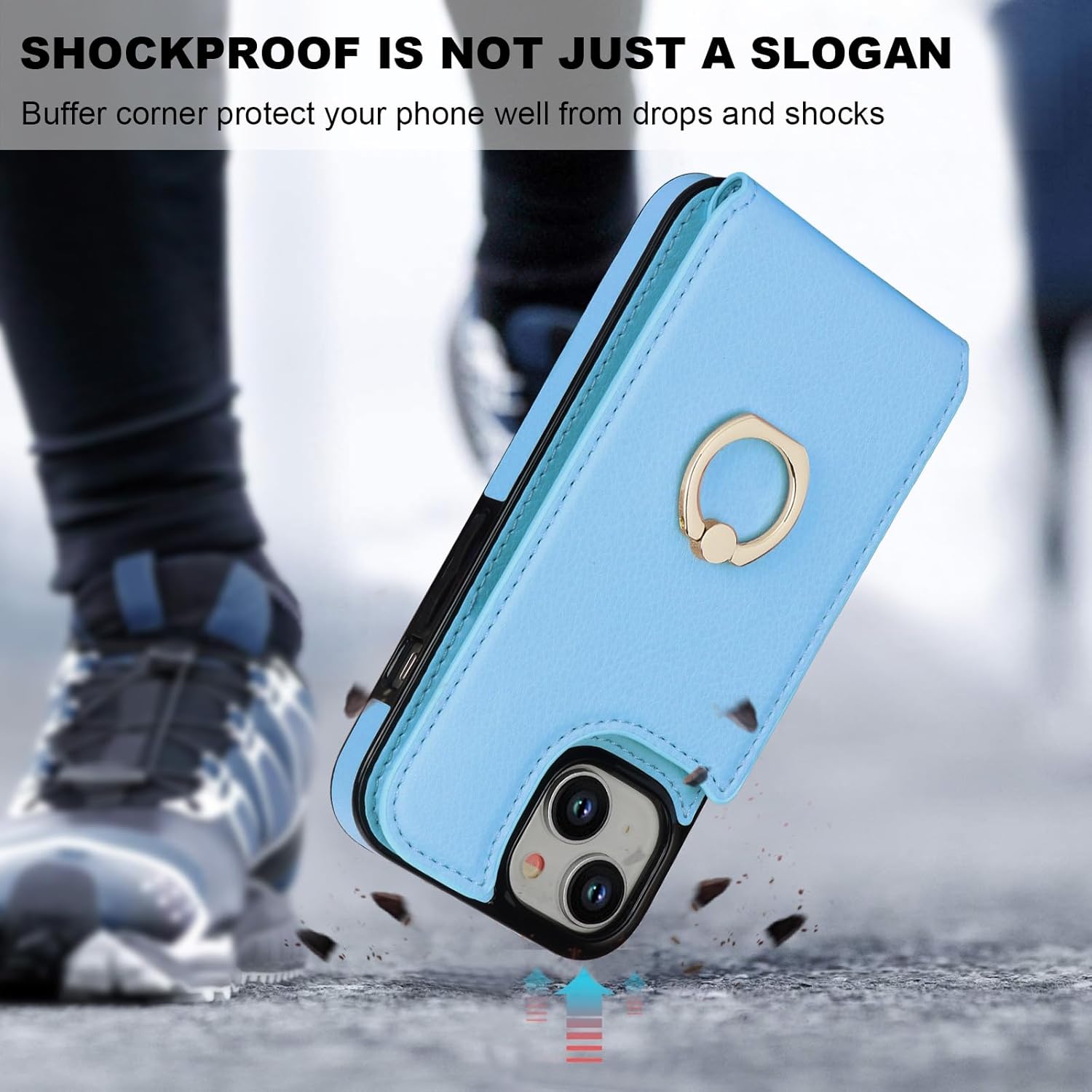 Folosu Compatible with iPhone 15 Case Wallet with Card Holder, 360°Rotation Finger Ring Holder Kickstand, RFID Blocking Leather Protective Double Buttons Shockproof Cover 6.1 Inch Blue