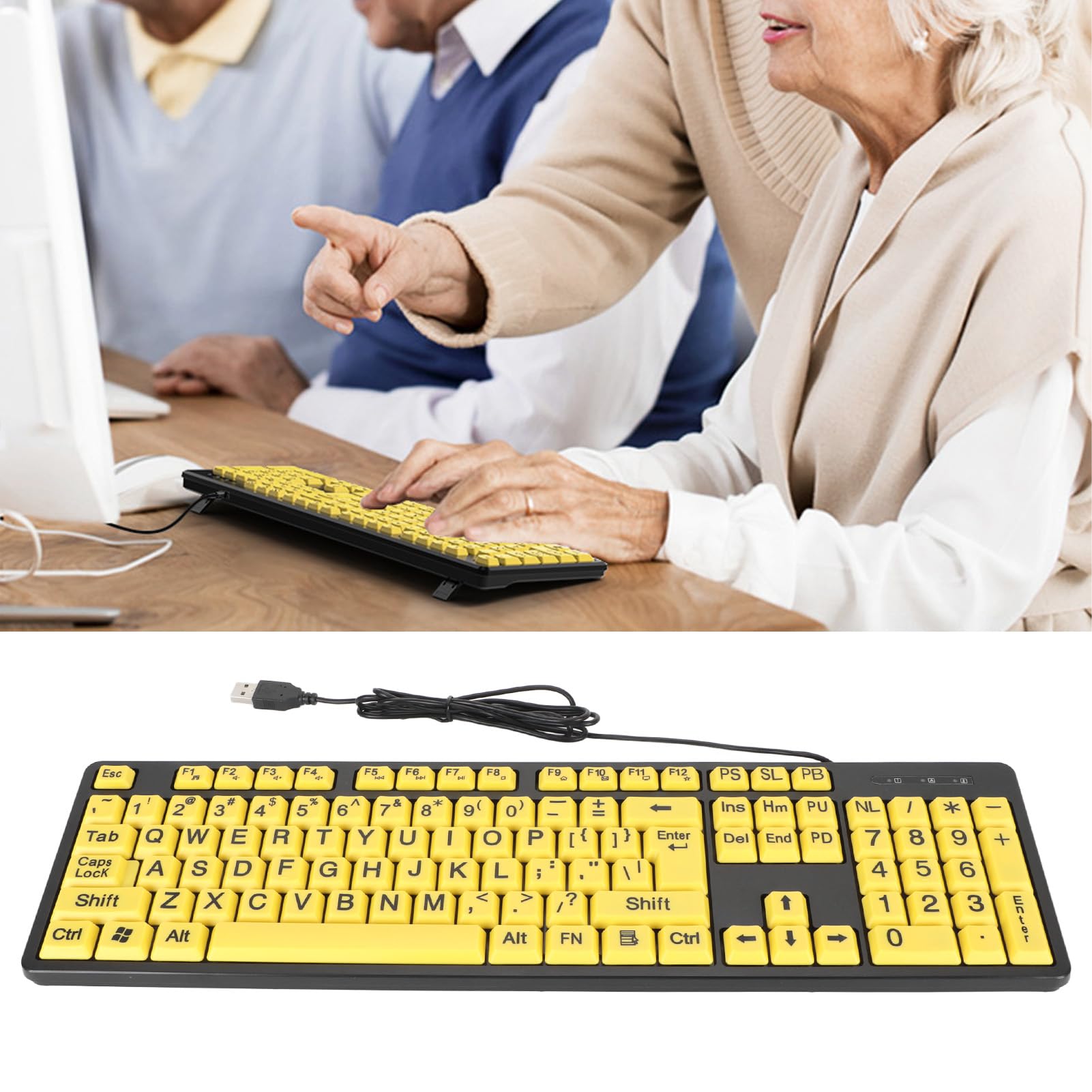 Tastiera per Computer con Stampa di Grandi Dimensioni, Tastiera a 104 Tasti USB Cablata Ad Alto Contrasto per Ipovedenti, Anziani, Non Vedenti, Tastiera con Lettere Grandi di