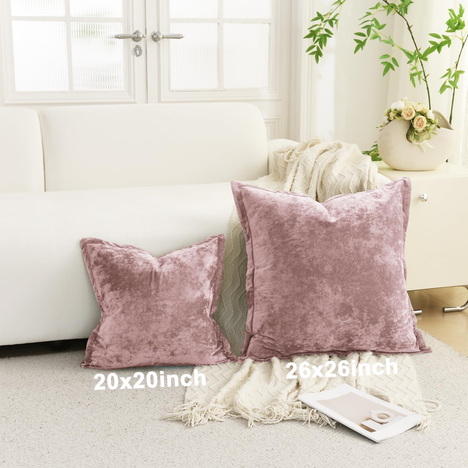 Greek Velvet Throw Pillow Covers Set of 2 20x20 Luxury Soft Solid Pillow Covers for Living Room Bedroom Yard,Pink