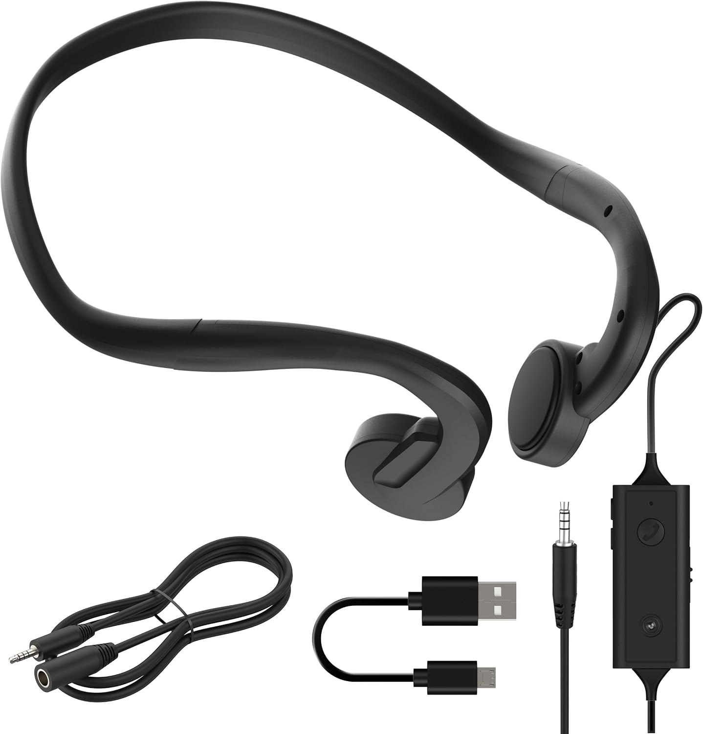 E&P Wired Bone Conduction Headphones with Microphone, 3.5mm AUX Wired Open-Ear Earbuds, Earphones with 7ft Extension Cable, Hands Free, Volume Control, Sweatproof Suitable for Outdoor Activitie