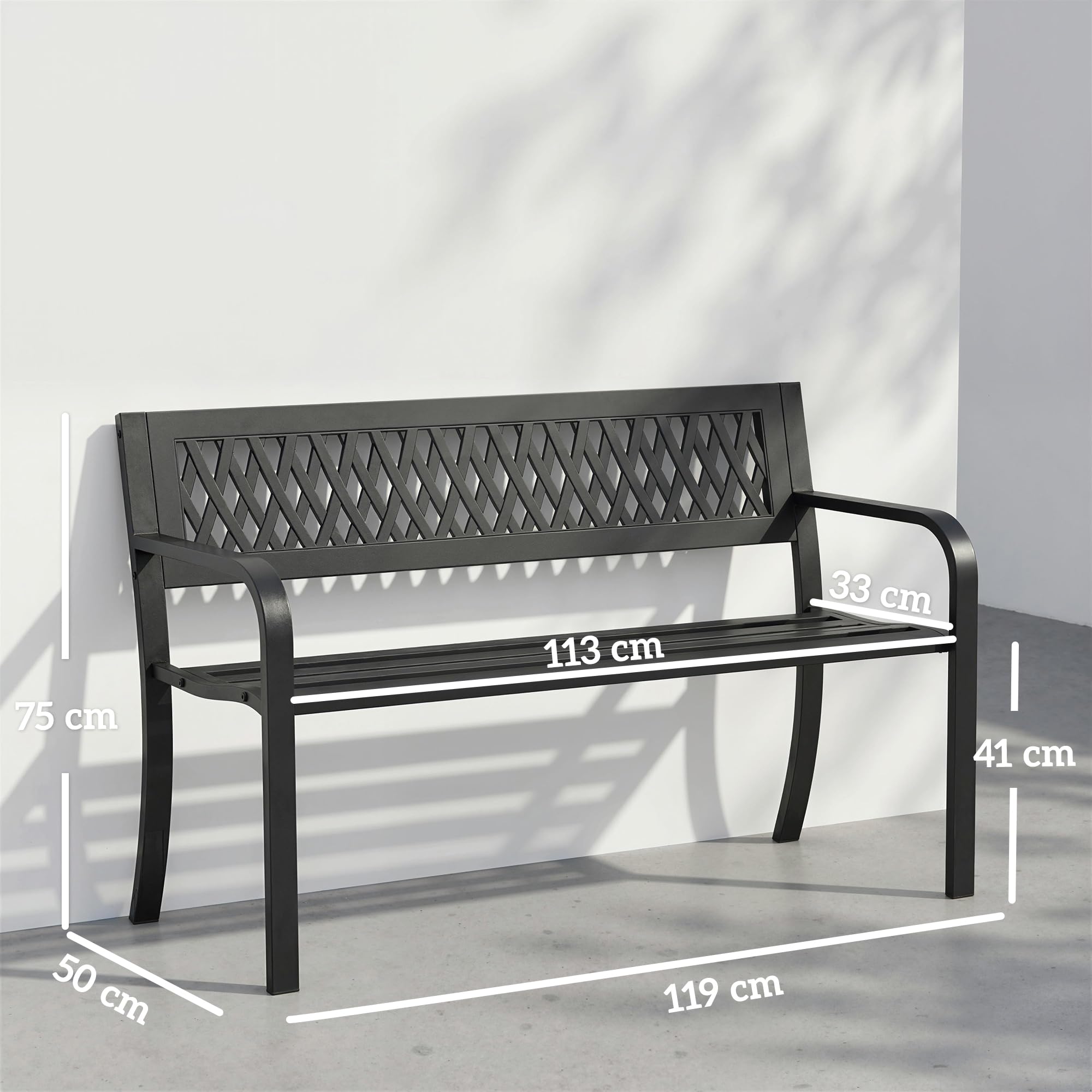 Outsunny Banco de Jardín Exterior de 2 Plazas, Banco Exterior con Asiento Listonado, Reposabrazos y Marco de Acero, para Patio, Terraza, 119x50x75 cm, Negro