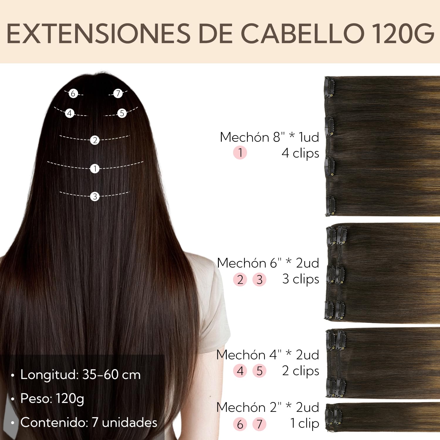 hotbanana Clip Extensiones de Cabello Natural, Mujeres Extensiones de Cabello Humano Eeal Pelo Rizado De castaño oscuro a castaño y rubio sucio con mechas 35cm 120g 7pcs