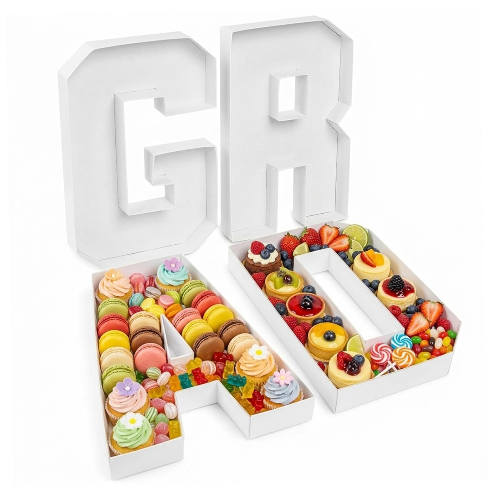 Letter Trays for Food, Fillable Cardboard Charcuterie Board Letters Graduation Party Decor, 3D Letter Box for Snacks and Treats Display, White Charcuterie Board Box, Letters Fil