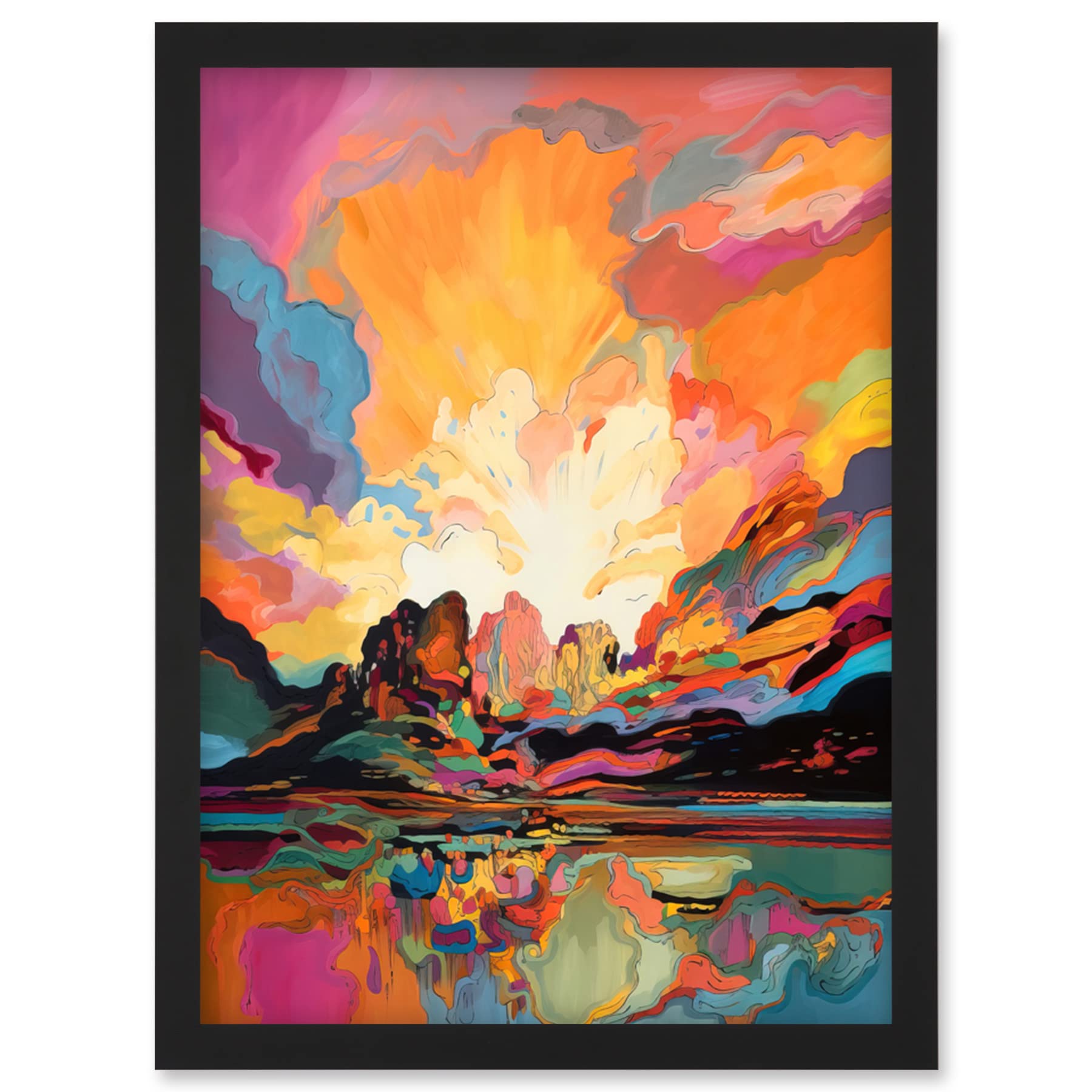 Artery8 Atmospheric Sunset Clouds Vibrant Colour Lakescape Modern Watercolour Painting Artwork Framed Wall Art Print A4
