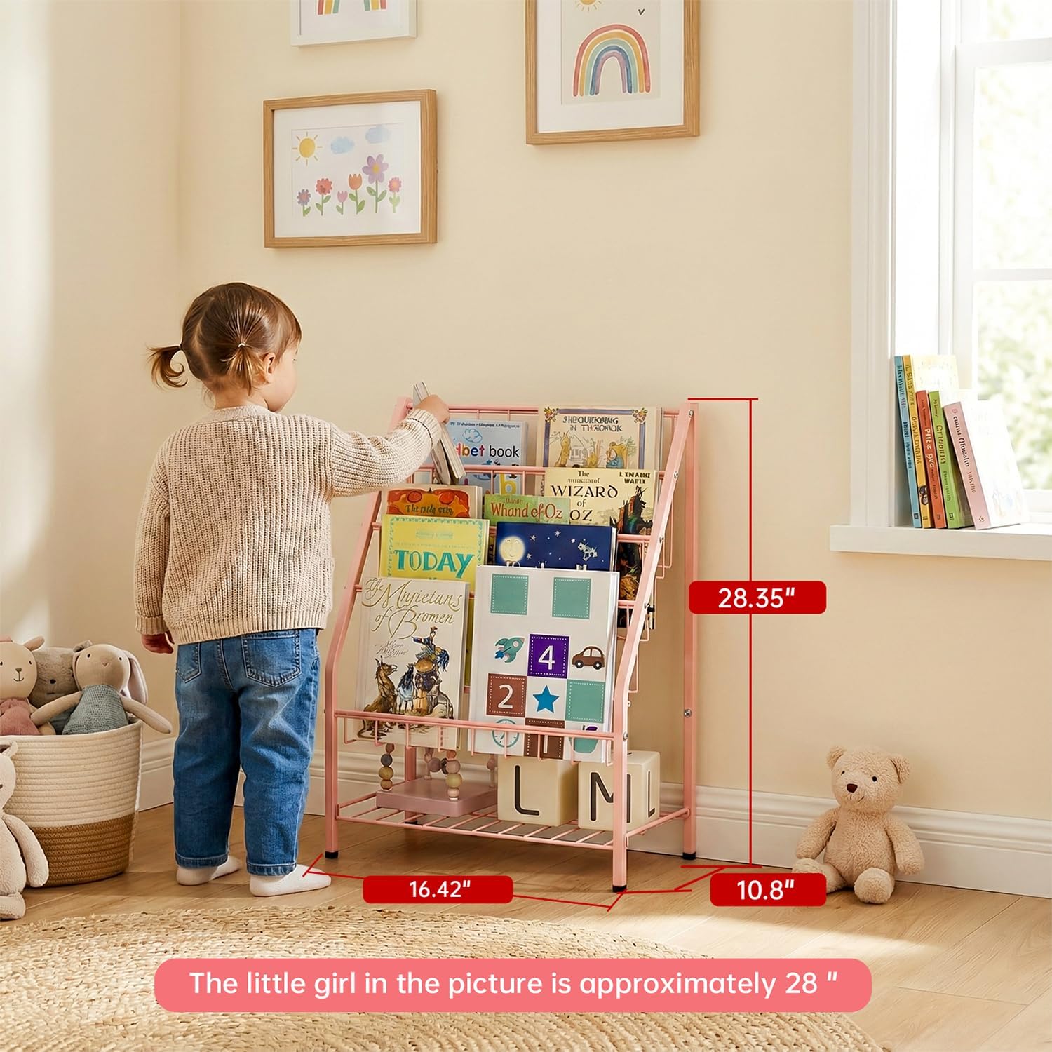 JAQ Toddler Bookshelf for Girls, 4-Tier Metal Kids Child Bookcase Rack with Toy Storage Organizer in Playrooms Nursery Clasroom Corner Library for Infants Baby Young Children (24.92 inch, Pink)