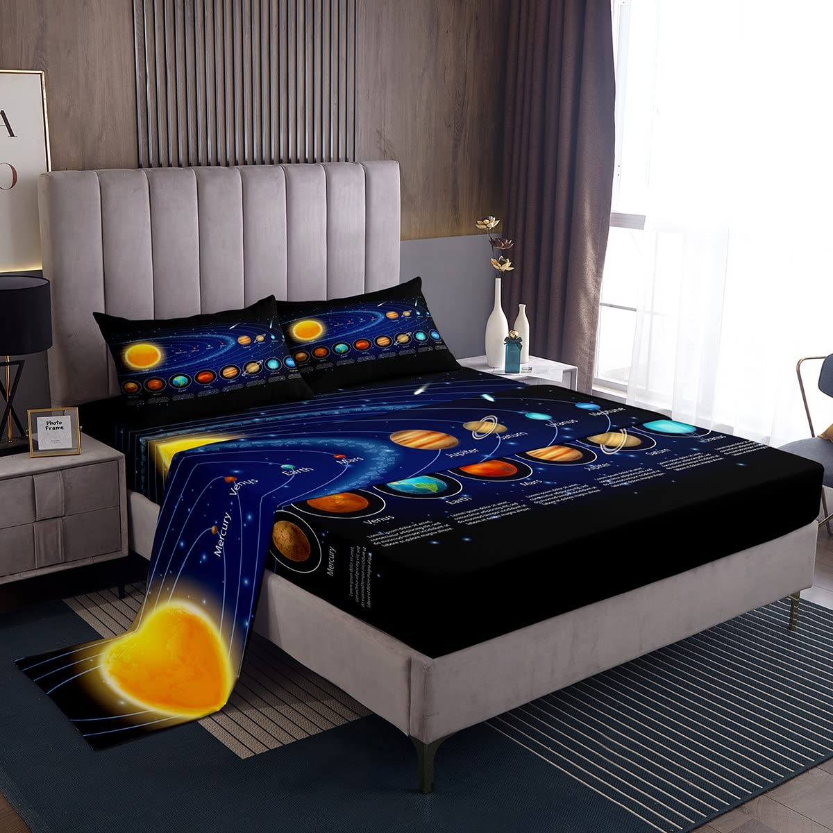 Erosebridal Solar System Sheet Set Twin Galaxy Outer Space Bed Sheets for Kids Boys Teens Giltter Star Universe Planet Fitted Sheet Starry Sky Astronomy Education Room Decor Flat Sheet