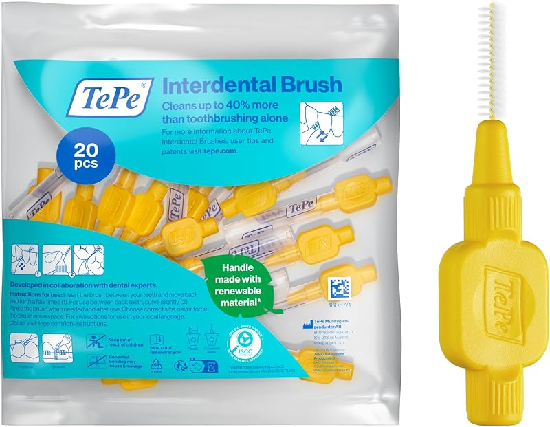 Brossettes Interdentaires TePe, Originales, Jaune 0.7mm/ISO 4, 8pcs, élimine la plaque dentaire, nettoyage efficace entre les dents, pour espaces intermédiaires