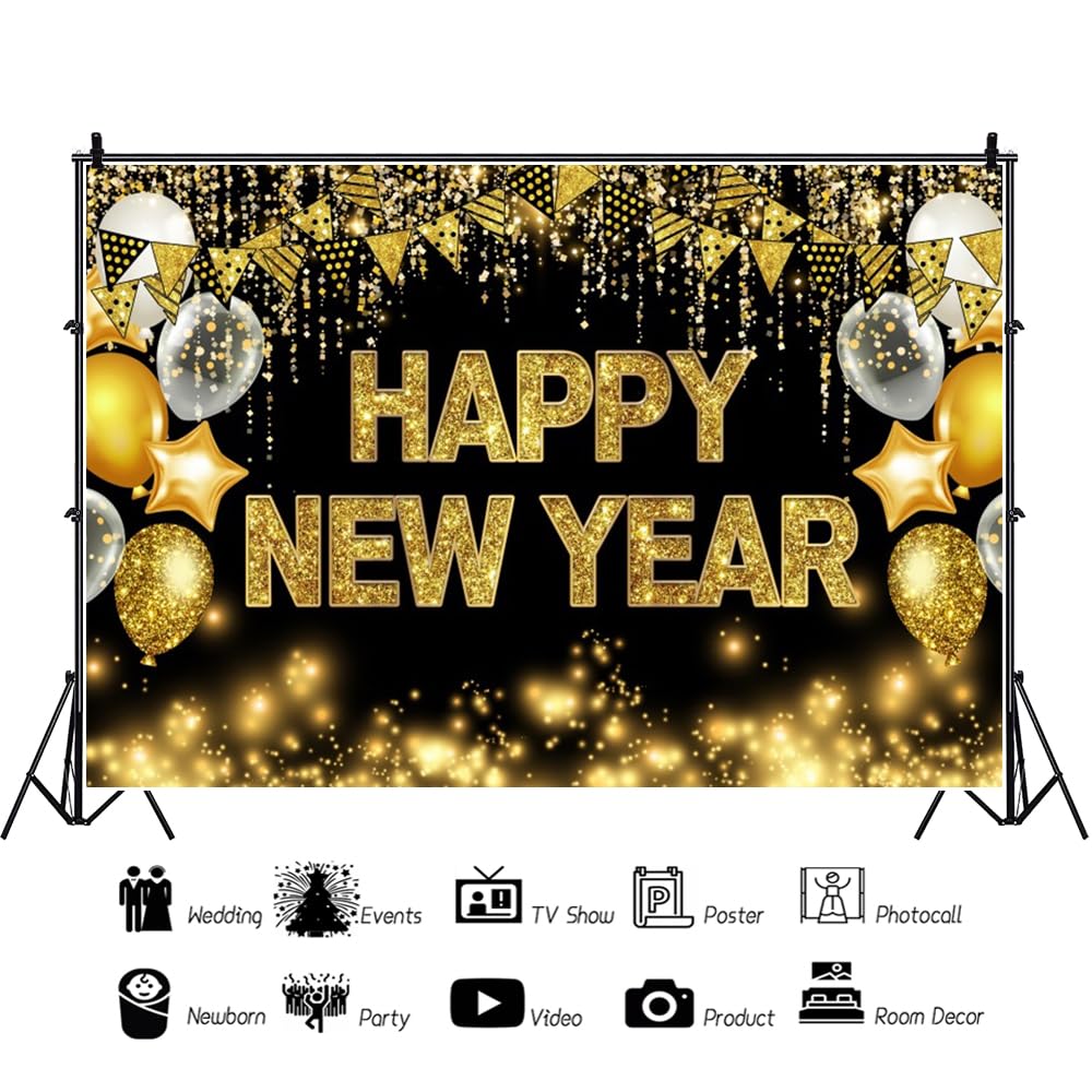 Laeacco Happy New Year Backdrop - 5x3FT Black & Gold Polyester Photography Background With Glitter