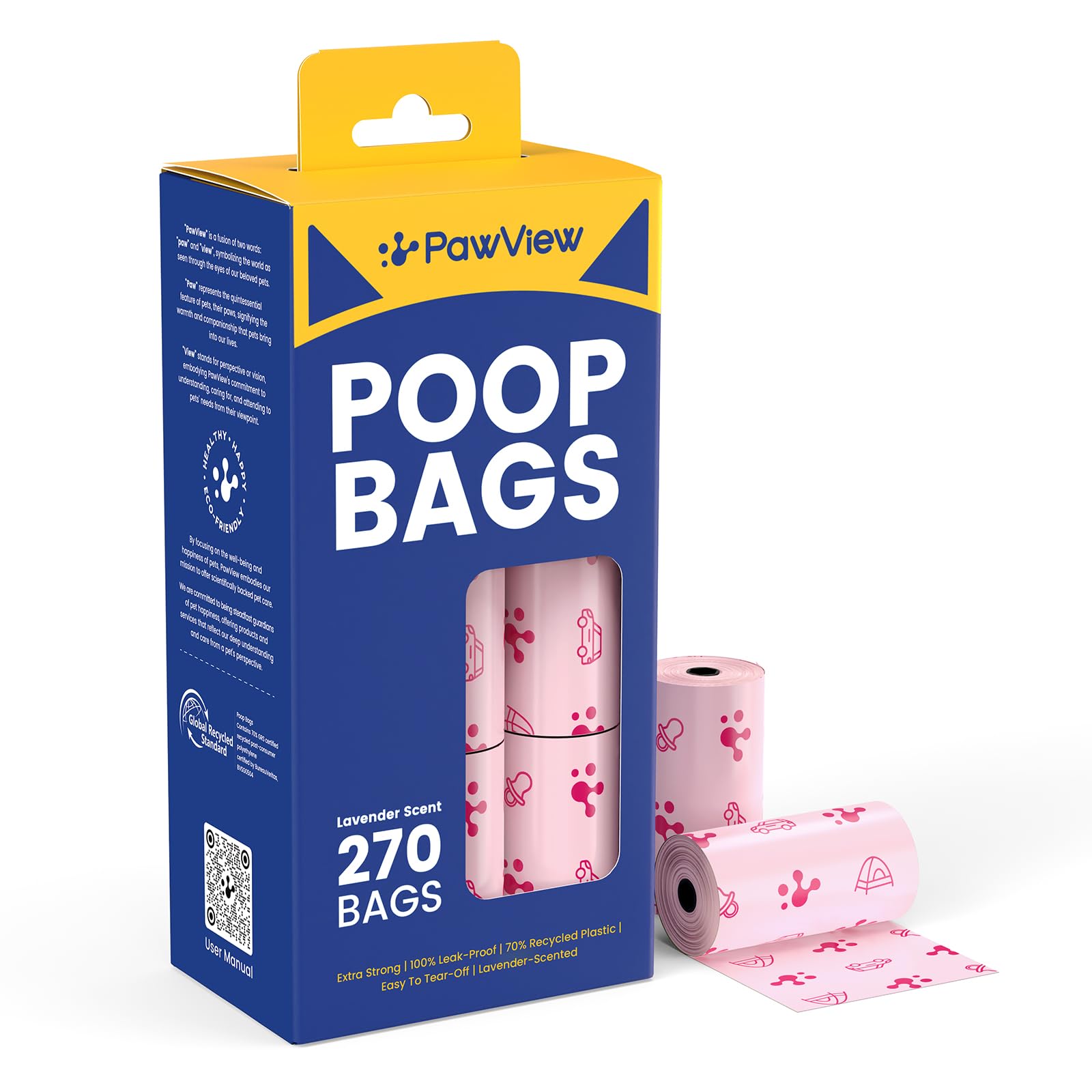 PawView Dog Poop Bags 18 Rolls -Waste Bag Extra Thick Strong 100% Leak Proof, Lavender Scented Strong Odor Control,270 Bags(Pink)