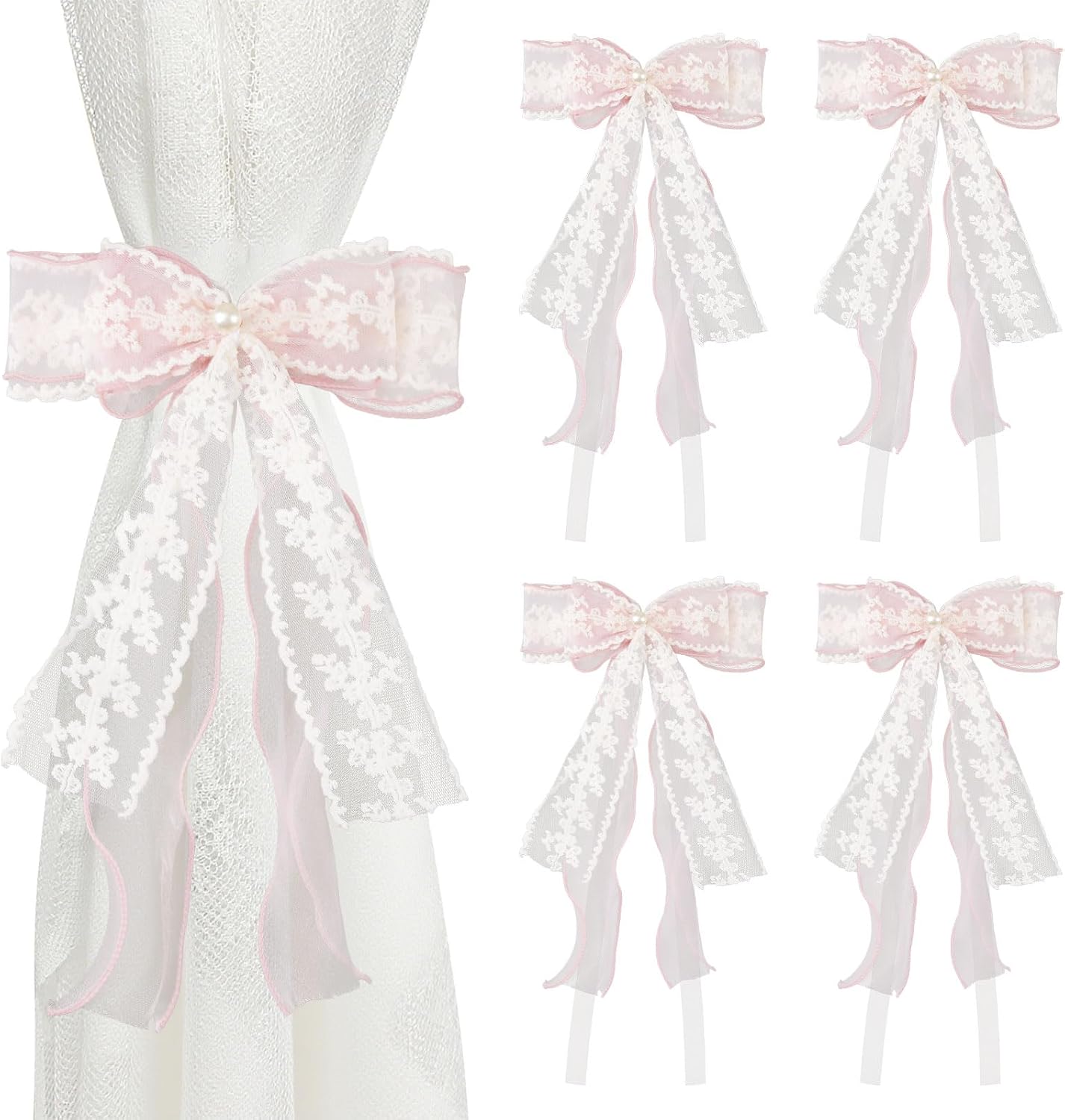 4Pcs Bow Curtain Tiebacks, Elegant Bow Butterfly Curtain Tiebacks with Pearls Sweet Lace Drapes Holdbacks Buckles for Home Decorative(Pink)
