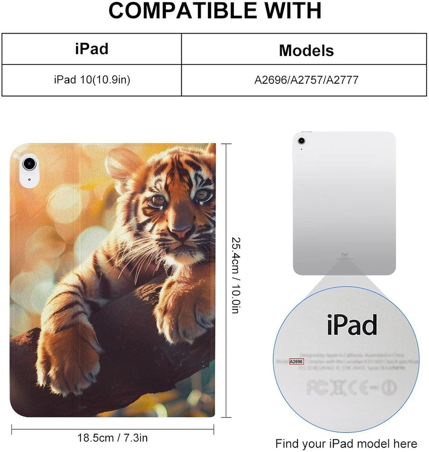 Cute Tiger Printed Case Trifold Stand Protective Cover Compatible with iPad 10代 (10.9in)