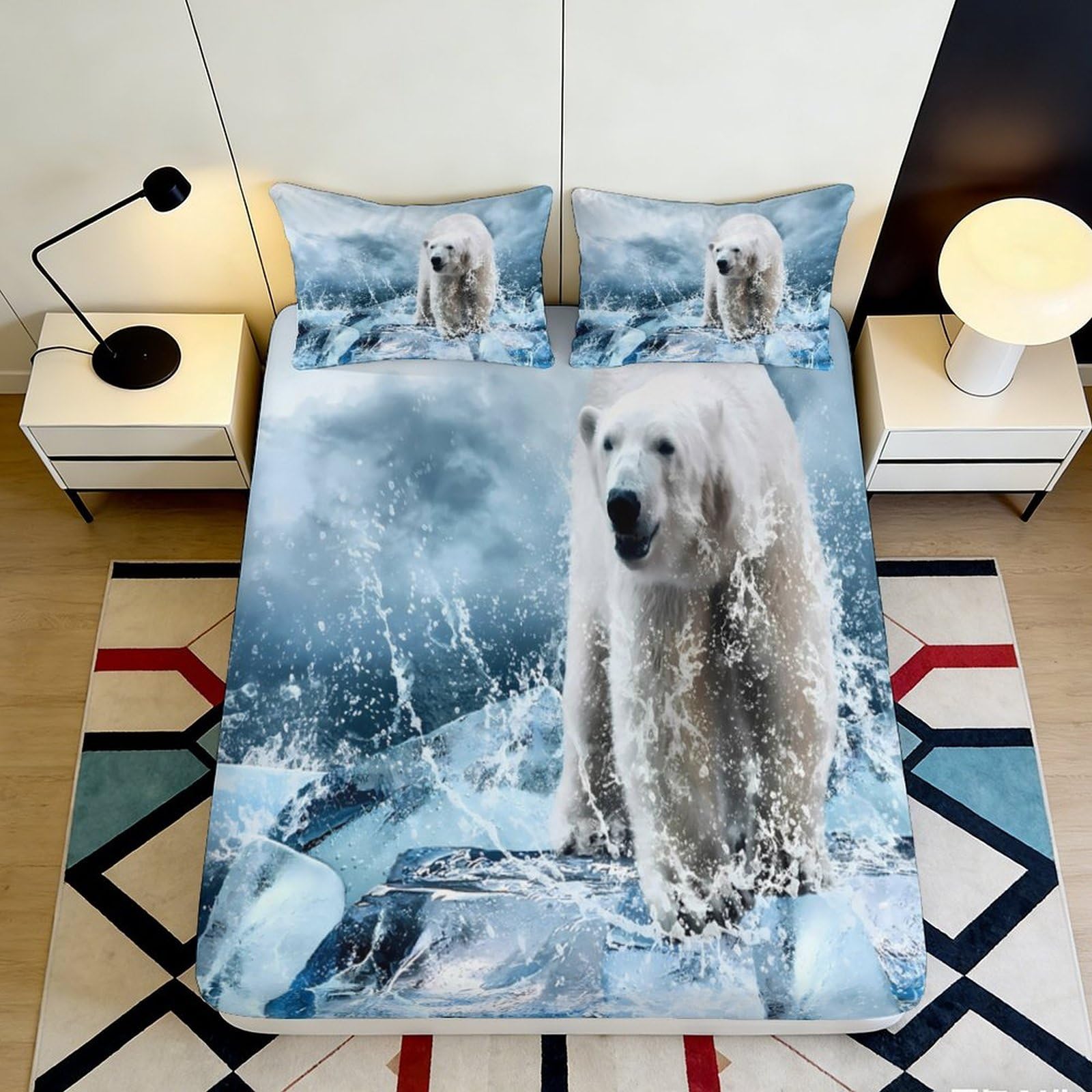 Dhbaneiok Style-9 3D Printed Polar Bear Fitted Sheet Microfiber Soft Blue Iceberg Mattress Cover Non Slip Bedroom Decor Machine Washable 90X200x25cm