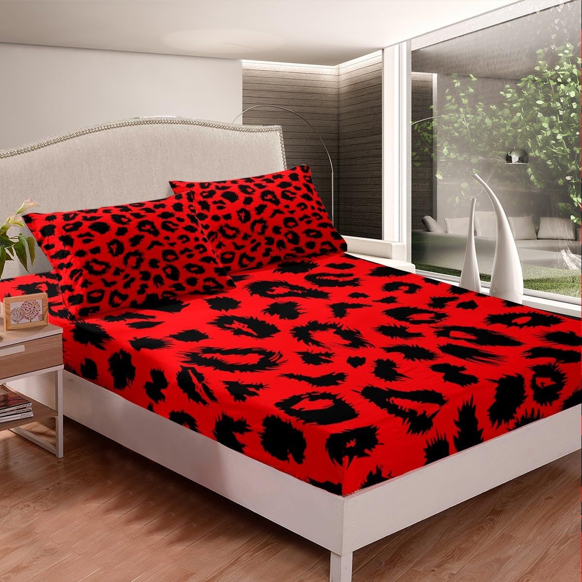 Cheetah Print Bed Sheets Queen,Red Black Leopard Bedding Sheets For Girls Boys Women Teens Bedroom,African Safari Animal Print Bed Sheet Set Retro Wildlife Fitted Sheet + Flat Sheet + 2 Pillow Cases