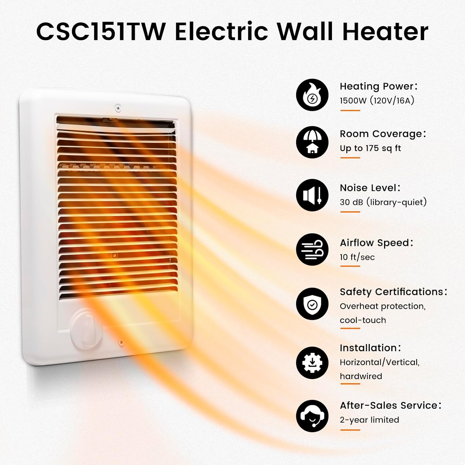 New Upgrade CSC151TW Electric Wall Heater, 120 Volt 1500 Watt, Electric Wall Heater Complete Unit with Thermostat (Model: CSC151TW, Part: 67509), 5120 BTU, 120 Volt, 1500 Watt, White