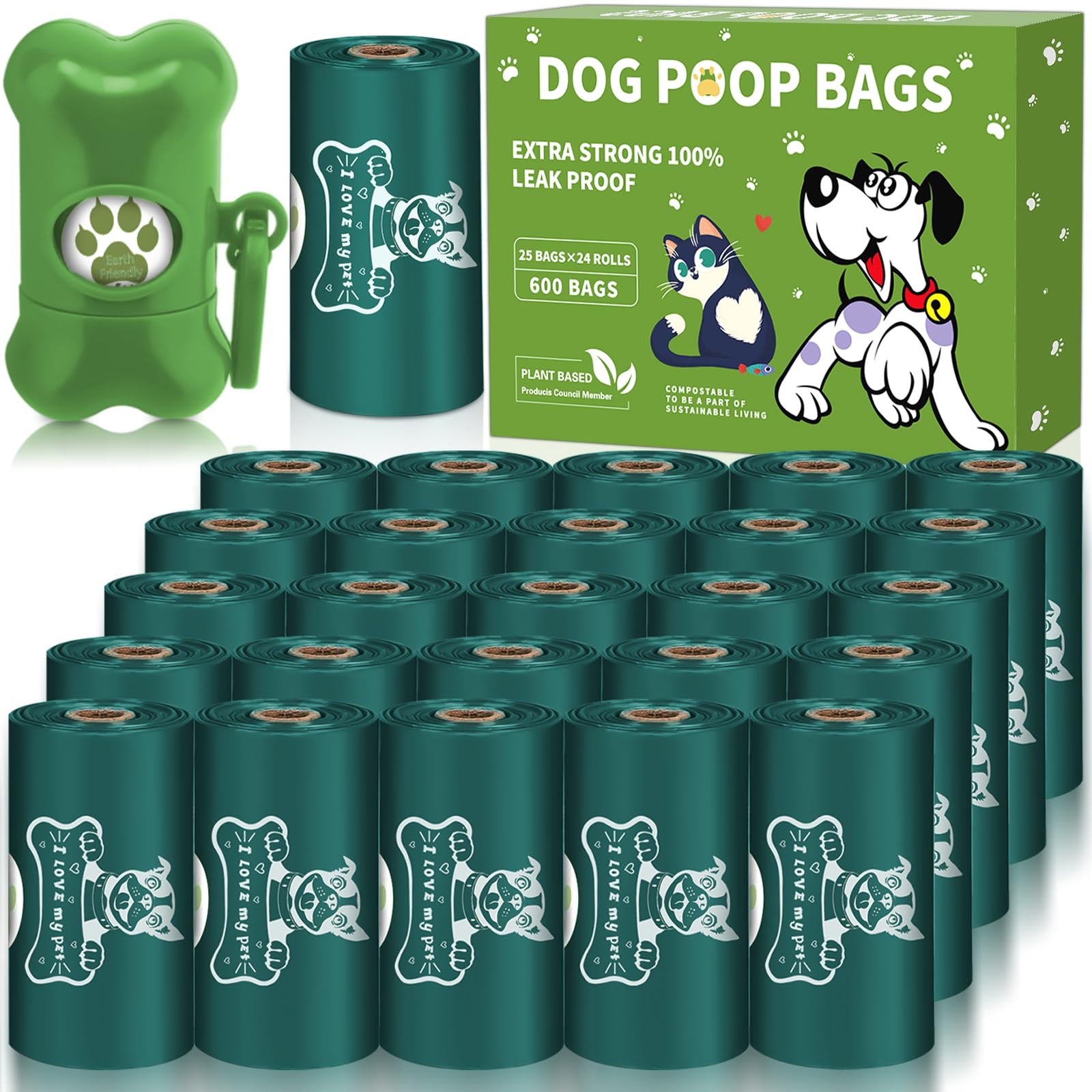 JEDWKFA 600 Unidad Bolsas para Excrementos de Perro, 24 Rollos, Extra Grueso,Fuerte y a Prueba de Fugas, con dispensador y clip para correa, Bolsas perfumadas para cacas de perro,verde oscuro
