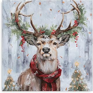 ATELIYISHU Deer Canvas Prints Wall Art for Christmas Reindeer Pictures Funny Animal Paintings Winter Painting for Home Decor Gifts 12"×12"