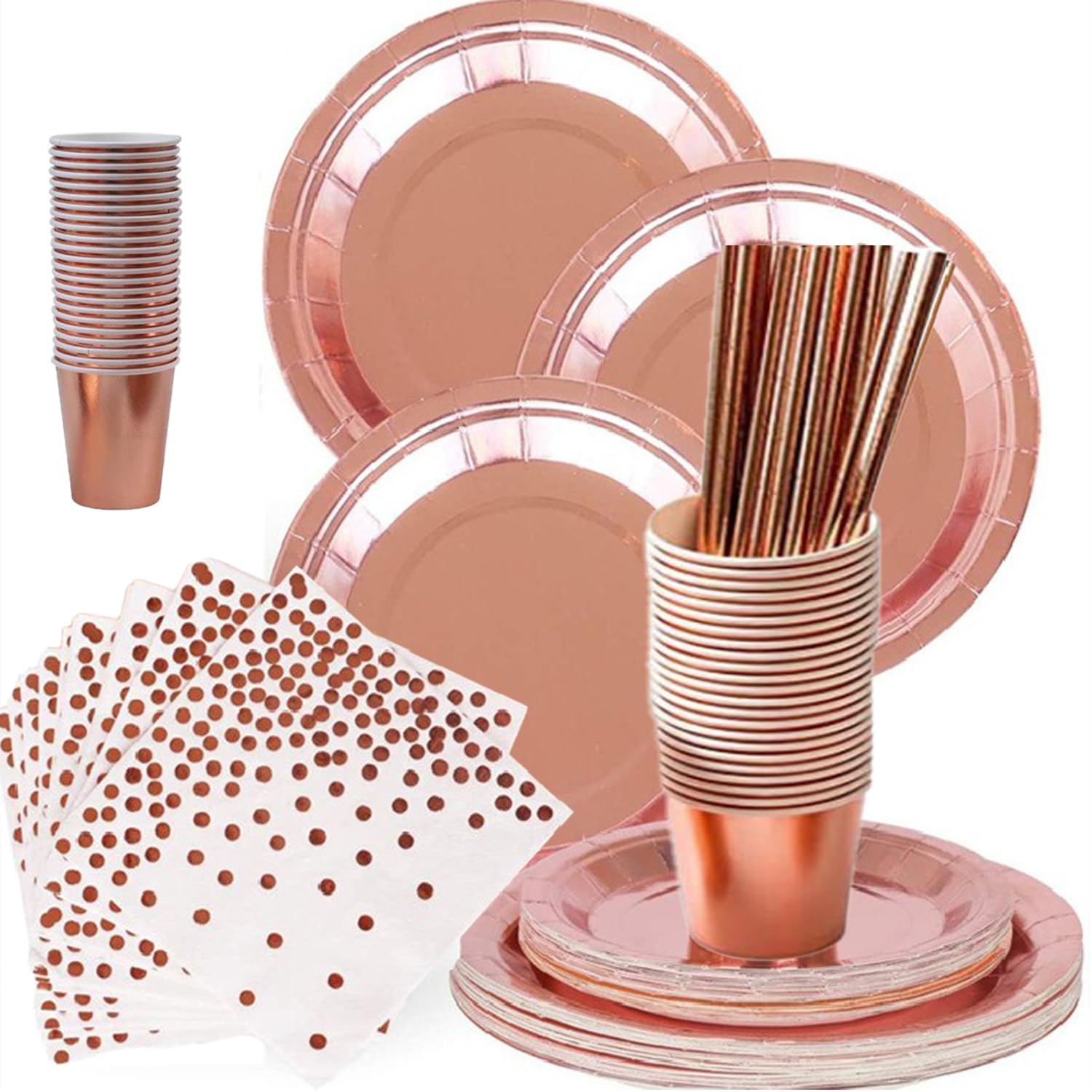 96pcs Rose Gold Foil Dots Paper Tableware, 24 Guest Party Dinnerware Set Party Tableware Set Party Supplies Disposable Party Paper Cups Plates Napkins Straws for Birthday Weddings Anniversary Decor