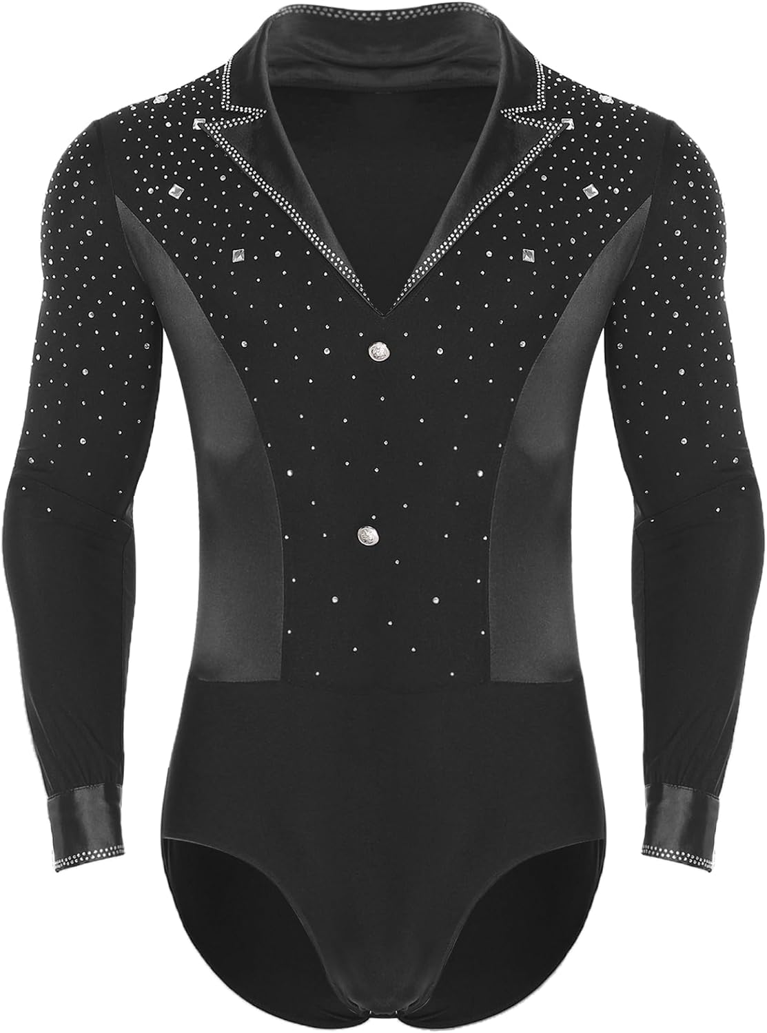 Men Shiny Rhinestone Latin Dance Leotard Shirt V Neck Long Sleeve Salsa Rumba Ballroom Dance Bodysuit