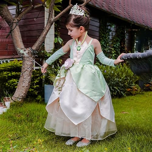 Miniatura 4 de Vestido de princesa de Tiana para niñas, rana de hada verde, para fiesta de cumpleaños, Halloween, disfraz de elfo con accesorios (7-8T)