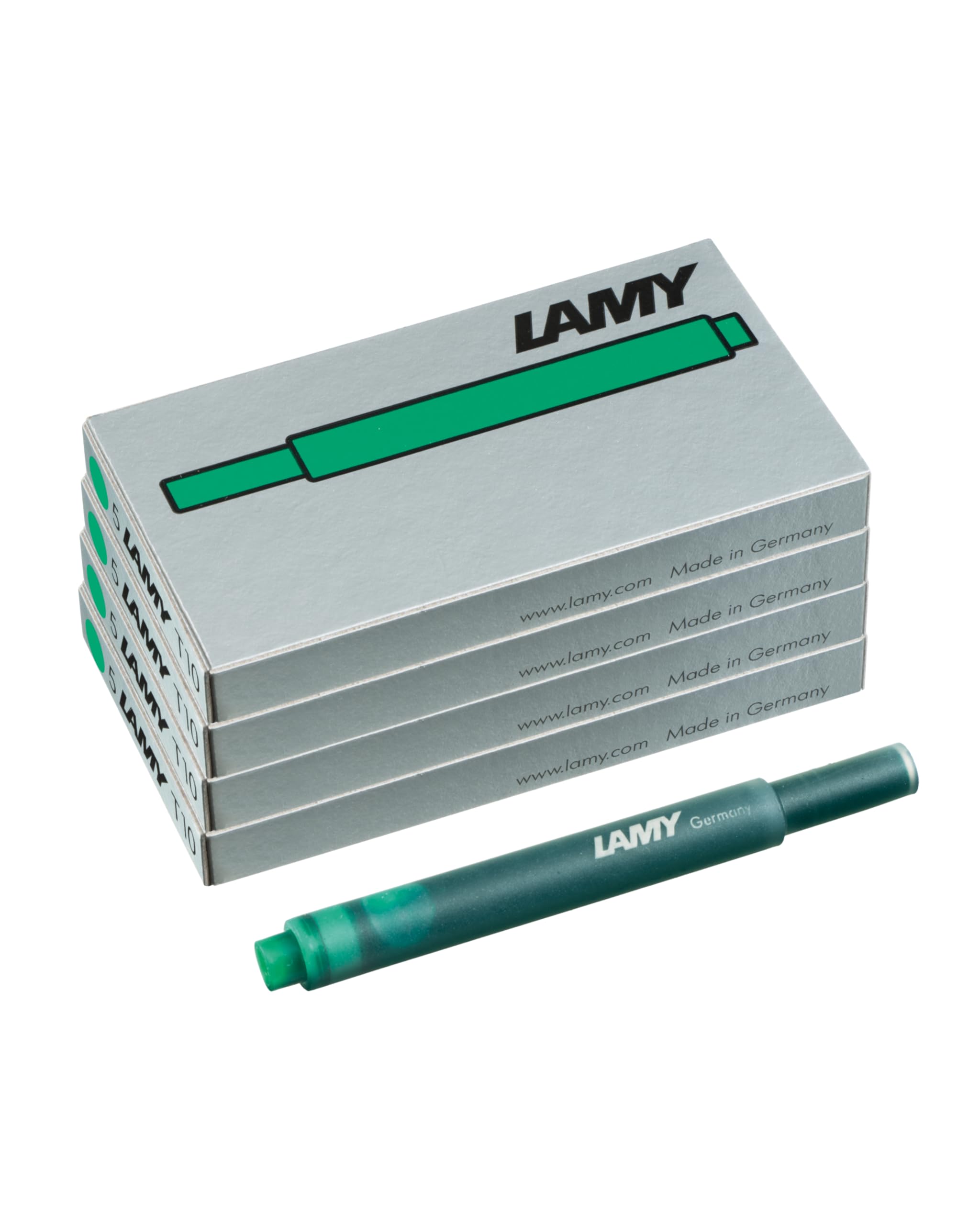 T10 Set of 4 Ink cartridges with Large Ink Capacity - Suitable for All Lamy Fountain Pen Models - Contents 1.25 ml per Cartridge - 5 Pieces per Pack - Ink Color Green