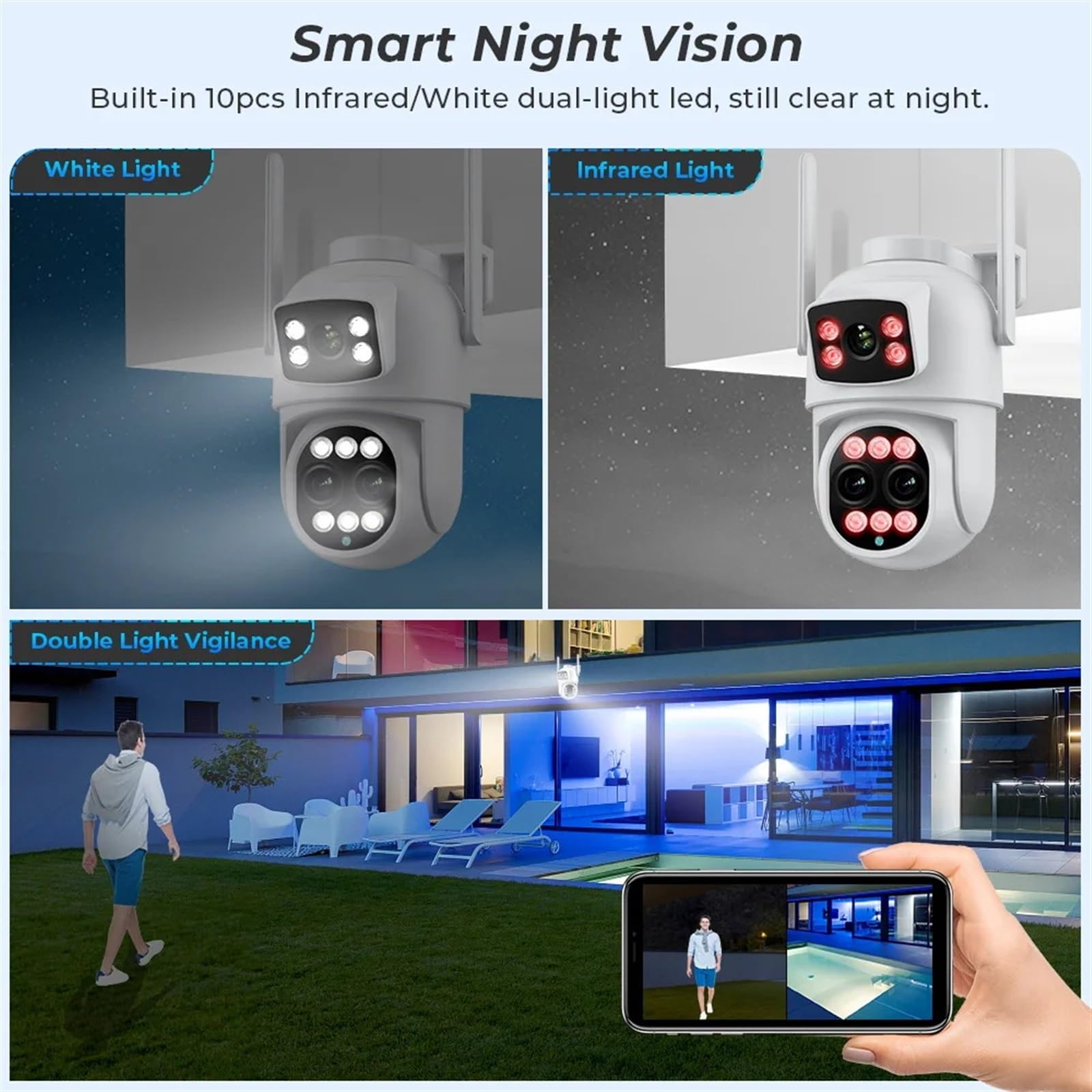Telecamera di Sorveglianza, Telecamera IP HD 9MP 4K PTZ 6MP 8X Zoom Tre lenti Protezione di sicurezza domestica Rilevazione movimento Sorveglianza CCTV stradale esterna