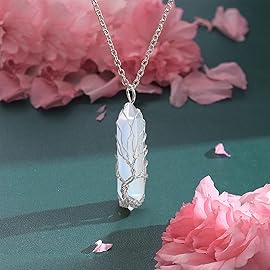VIBILIA Healing Crystal Necklace Tree of Life Wire Wrapped Opal Stone Point Pendant Necklace Hexagonal Reiki Spiritual Quartz Gemstone Jewelry for Women Men - Silver