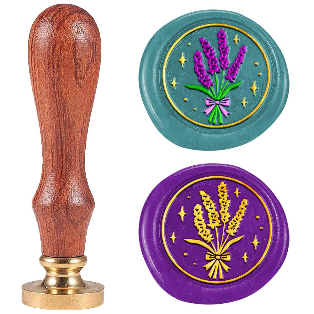 DELORIGIN Lavender Bouquet Wax Seal Stamp Flower Embossed Stamp Sealing Removable 1" Brass Wax Seal Stamp Head with Wooden Handle Sealing Wax for Wedding Invitations Greeting Card Envelopes Craft