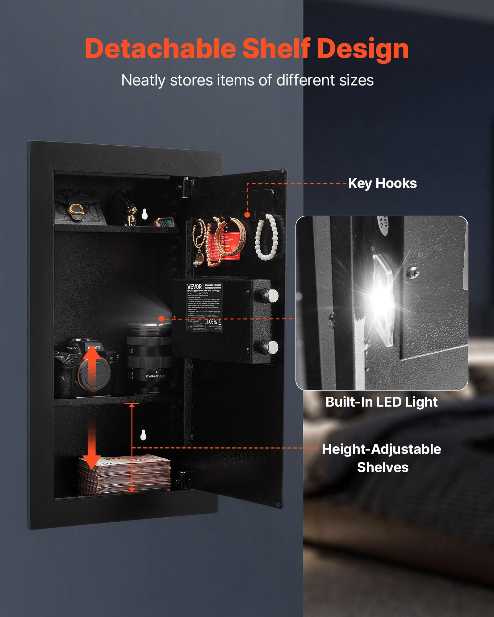 VEVOR Caja Fuerte Mural con Contraseña y Llave, Carcasa Empotrada de Acero Laminado en Frío Q235 con Estantes Ajustables e Iluminación LED, para Dinero, Joyas y Pasaporte, 102 x 370 x 630 mm, Negro