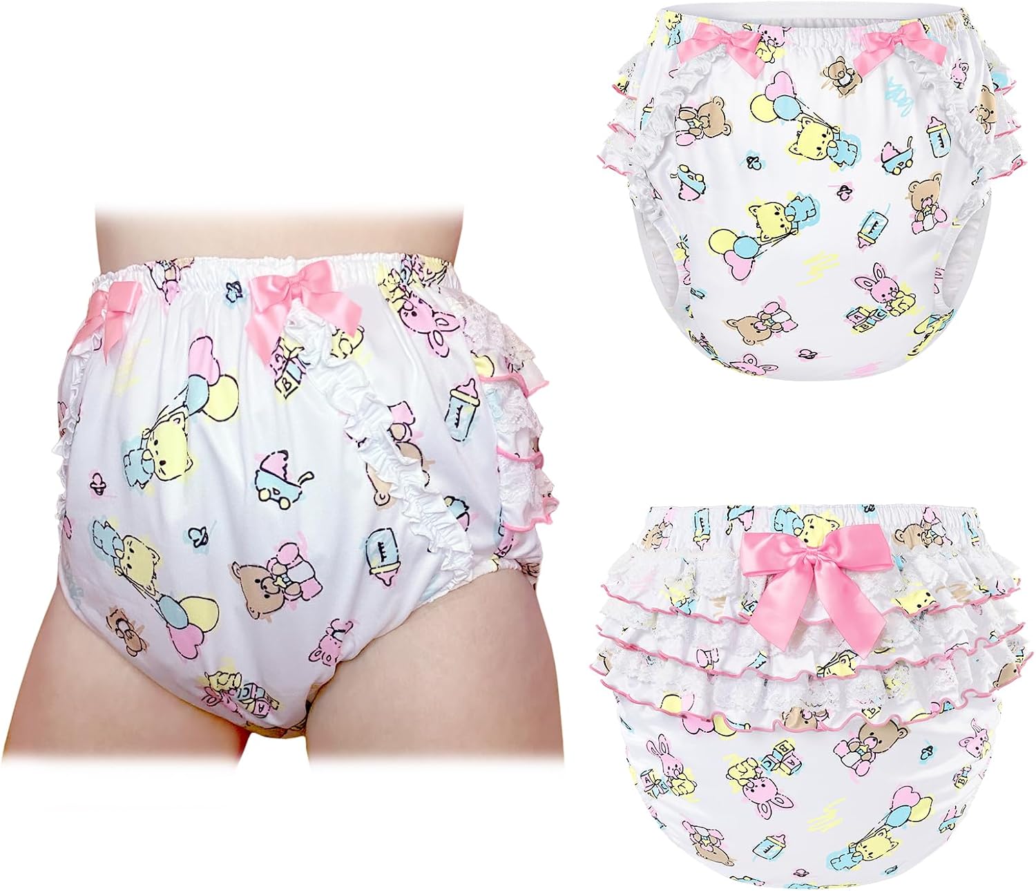 LittleForBig Jednorazowe wielokrotnego użytku wodoodporne z satynową wstążką i haftem z koronką wzór na kwiaty dla dorosłych różowe osłony na pieluchy L
