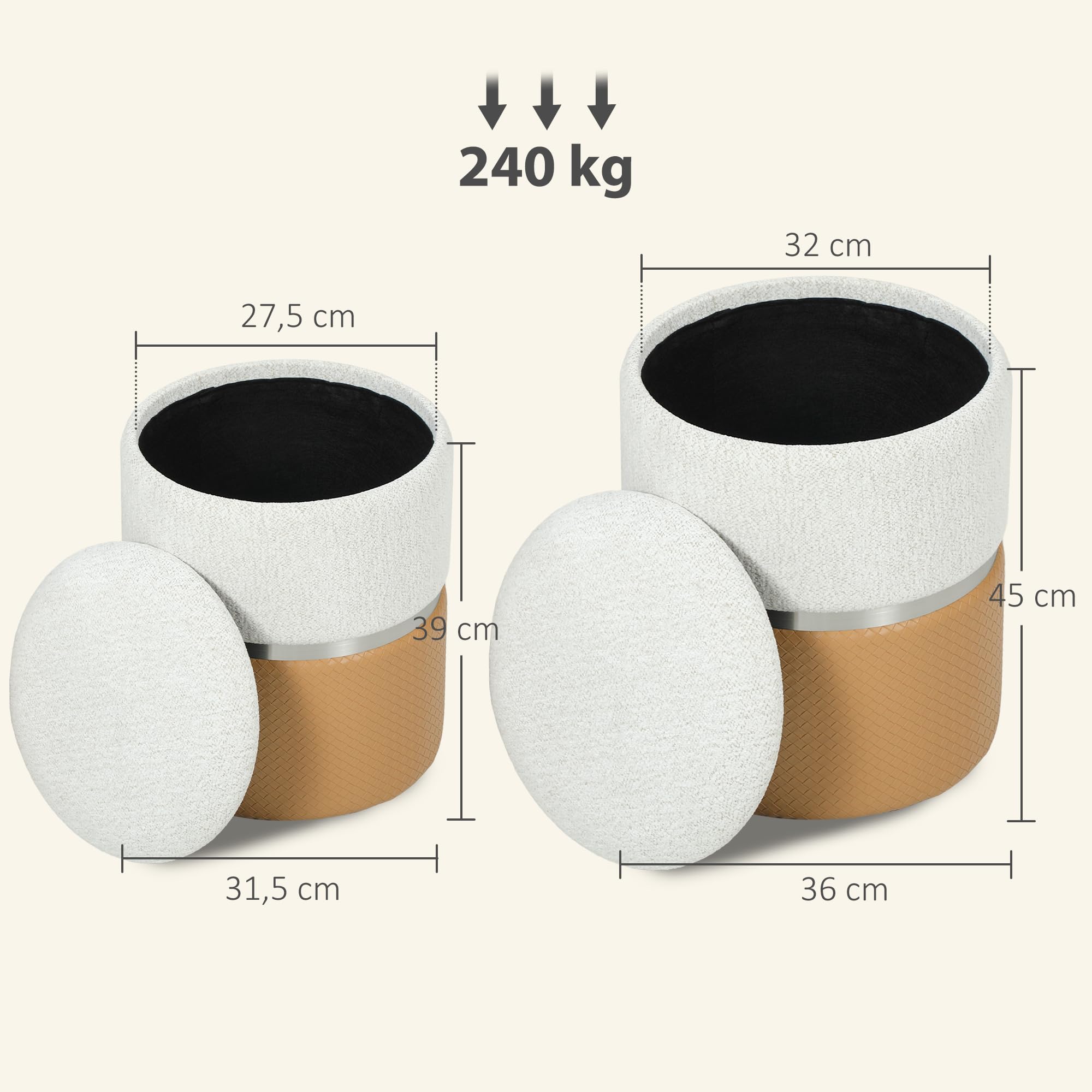 HOMCOM Lot de 2 poufs de Rangement rembourrés, Marron et crème
