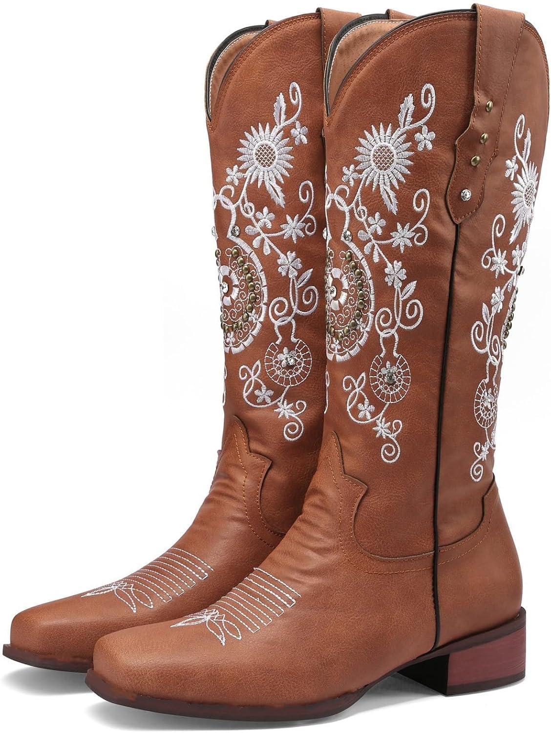 HINDOLA Cowboy Boots for Women Cowgirl Mid Calf Western Boot Sunflower Embroidered Square Toe Chunky Block Heel Classic Boots
