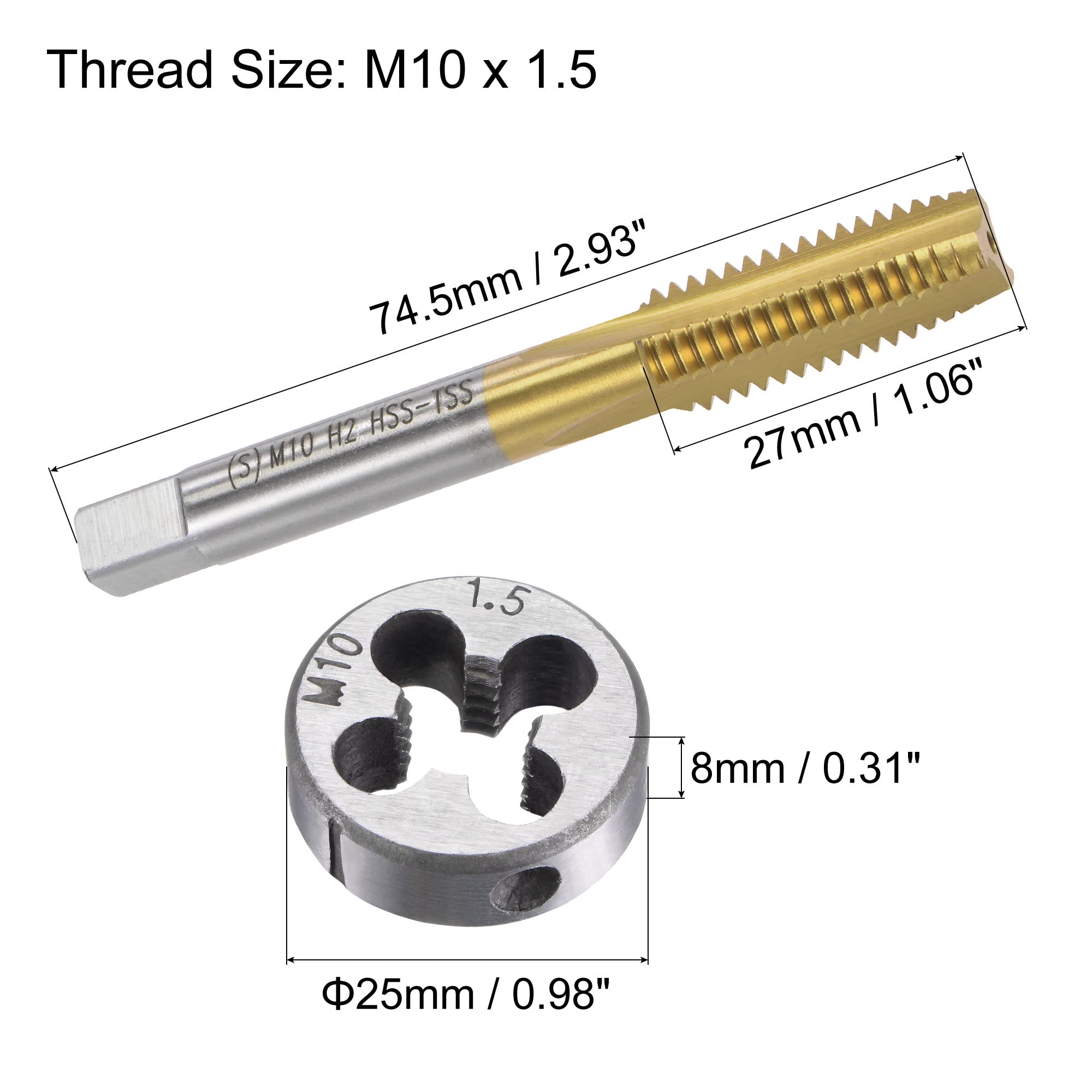 uxcell Tap and Die Set Metric M10 x 1.5, HSS (High Speed Steel) Titanium Plated Machine Straight Flute Thread Screw Tap, Alloy Steel Round Threading Die — Amazon image 2