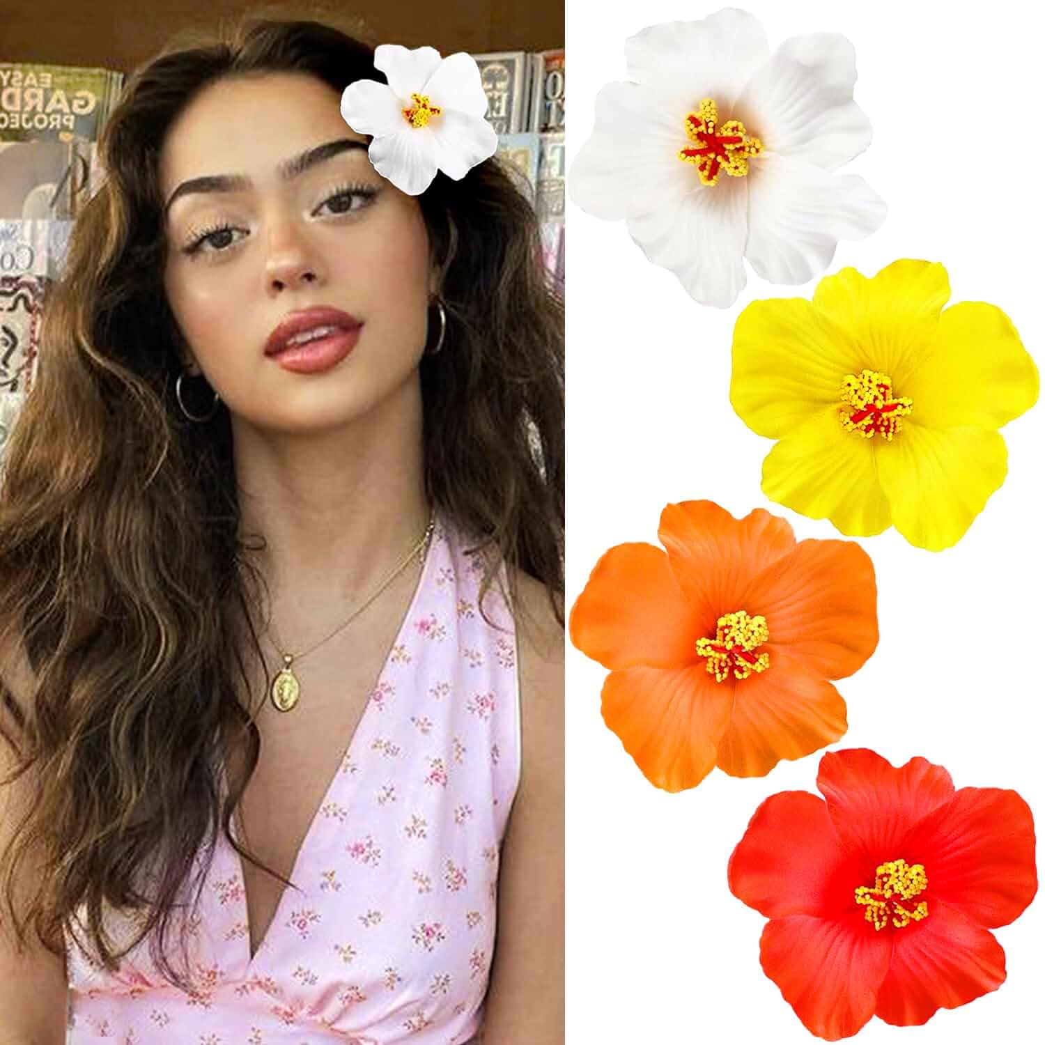 4Pcs Hawaiian Flower Hair Clips for Women,Plumeria Hibiscus Hair Clips Rose Hair Barrettes 3.5 Inch Artificial Flower Clips,Hair Accessories for Vacation Beach Party, Boho Clips for Girls Wedding Solid