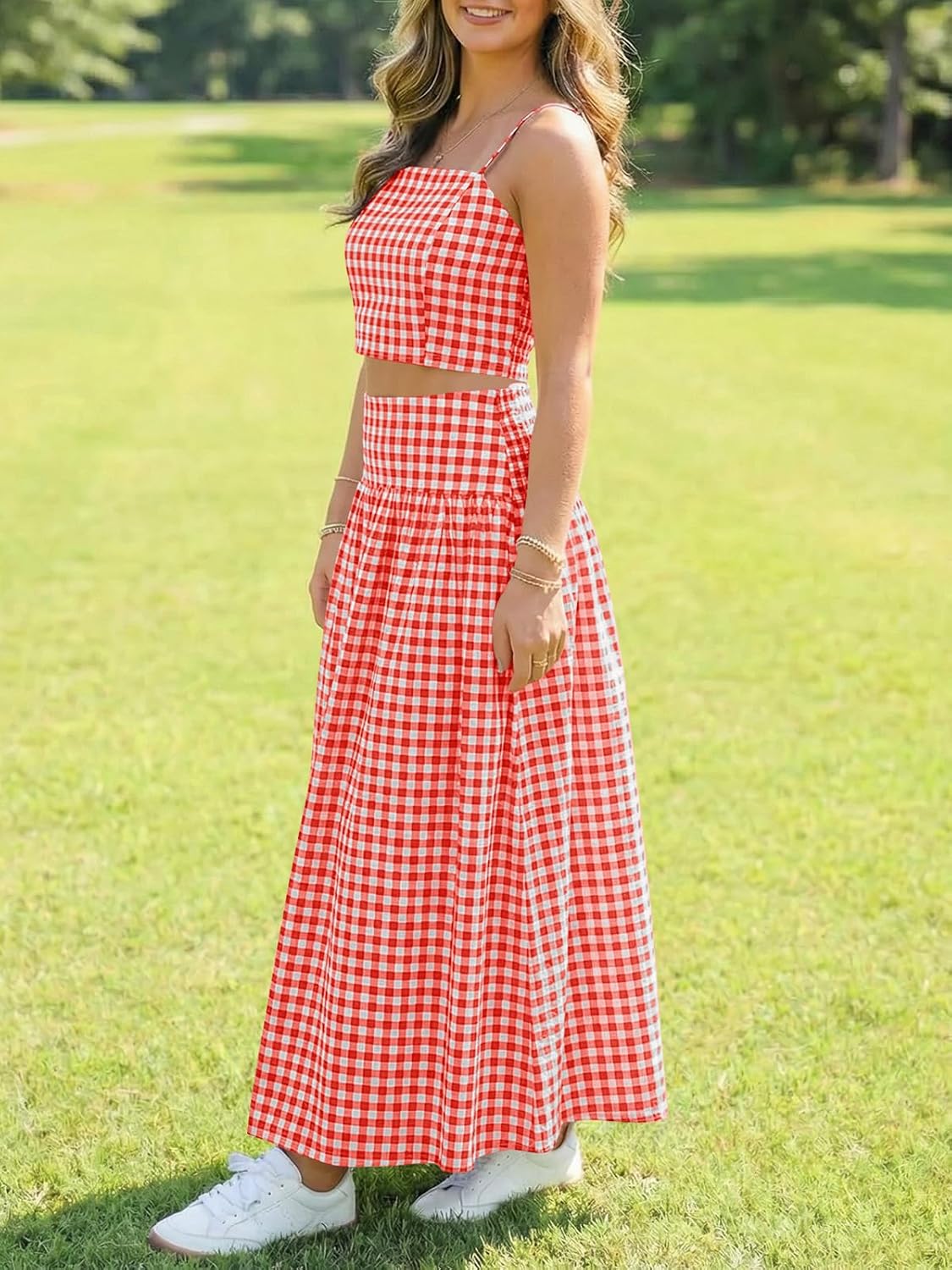 Wenrine Womens 2 Piece Skirt Sets Summer Gingham Crop Tank Tops Midi Dress Set Travel Vacation Outfits Matching Sets