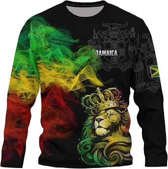 Mens Jamaica Flag Long Sleeve T-Shirt Jamaican Lion Print Tee Jersey Casual Round Neck Long Sleeve Top Unisex