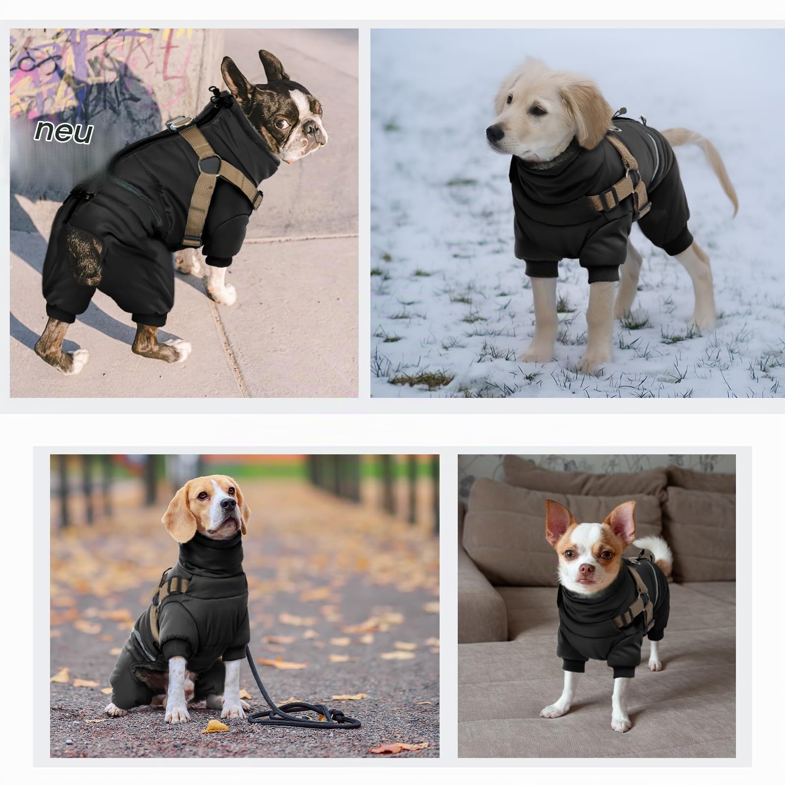 Hundemantel Winter, Wasserdicht Hundejacken mit 4-Beinige Hunde Winterweste Warm Winddicht Hundejacke Fleece Reflektierend Winterjacken Mit Brustgurt Gurt & D-Ringen(Schwarz, L)