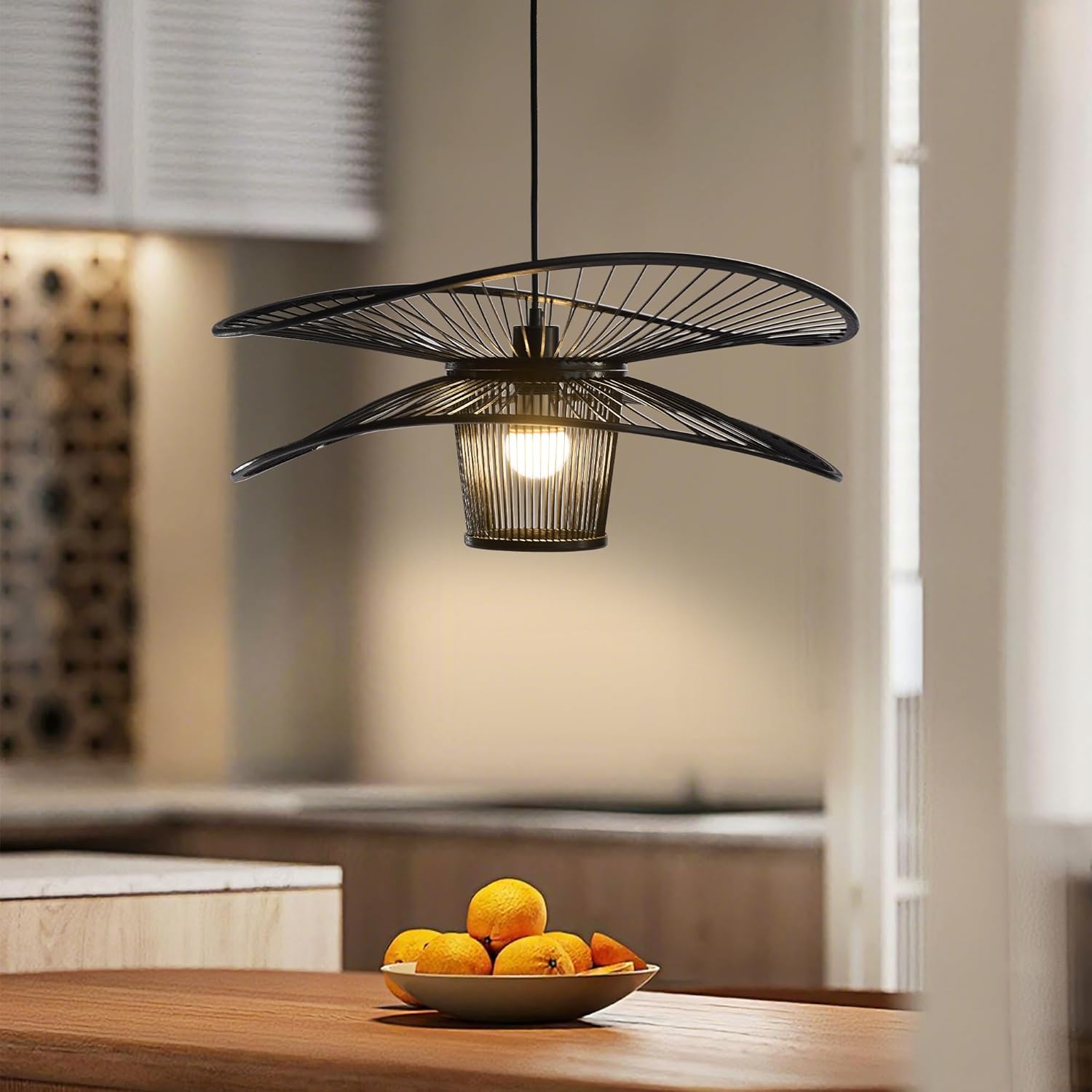 Handmade Bamboo Pendant Light, 3-Tier Boho Woven Chandelier, Modern Ceiling Lamp for Dining Room, Kitchen, Farmhouse Bedroom, E26 Base