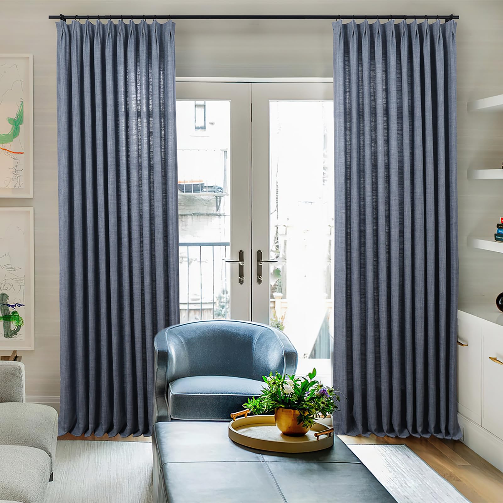 ChadMade Pinch Pleated Vertical Herringbone Textured Drape 63 Inches Long Faux Linen Privacy Curtain, Room Darkening Farmhouse Curtain for Living Room