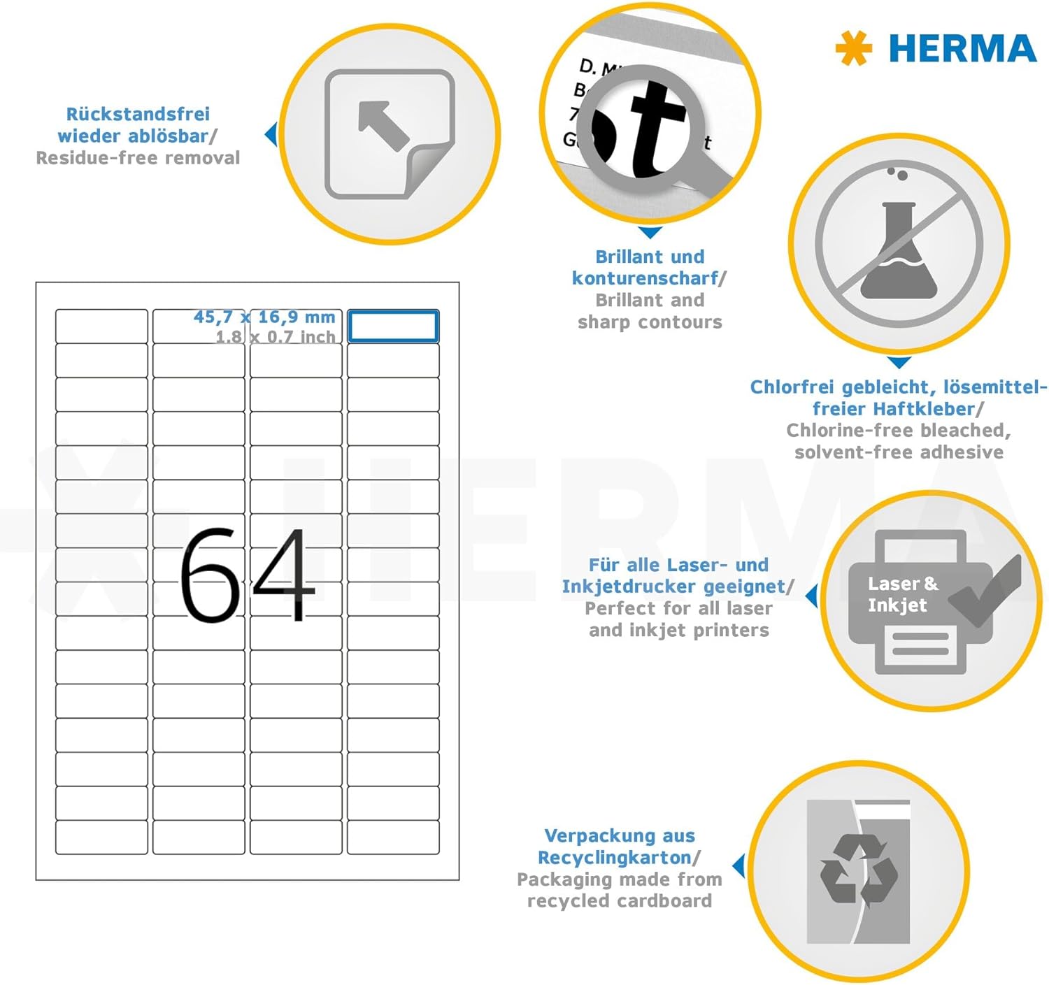 HERMA Self Adhesive Suspension File Tab Labels, 64 Labels per A4 Sheet, 25 Sheets, 45.7 x 16.9 mm, 1600 Labels, Blank Removable Mini Stickers, Sticky Labels for Laser & Inkjet Printer, White