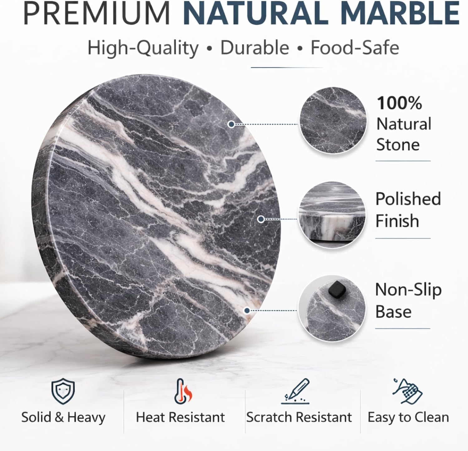 8 Inch Round Marble Serving Board – Natural Dark Grey Cheese Board with Non-Slip Feet – Small Charcuterie Board, Pastry Slab, Serving Tray