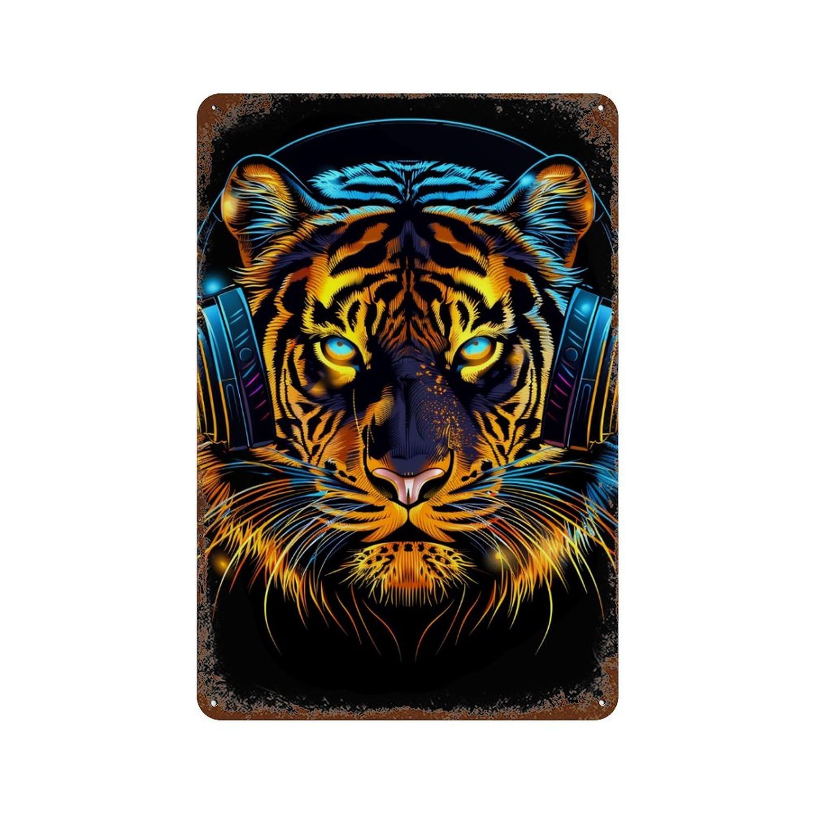 Tiger DJ Headphones Art Print Weathered Tin Sign 11.8"x7.9", Industrial Home Decor for Basement, Hobby Room And Garage Decor