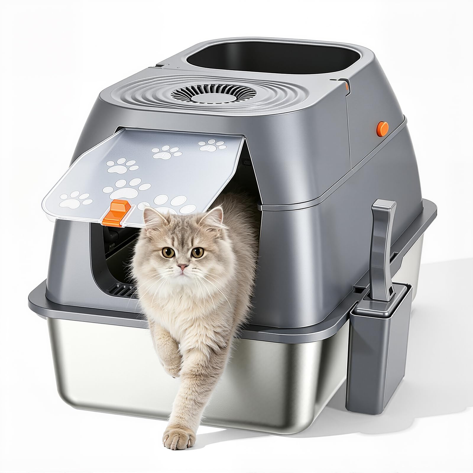 Cat Litter Box 60 * 40 * 43cm, Enclosed Stainless Steel Cat Litter Box with Lid & Drawer Design, Litter Tray with lid for Indoor Cats, Baffles for Anti-Leakage, with Scoop & Mat, No Smell (Grey)